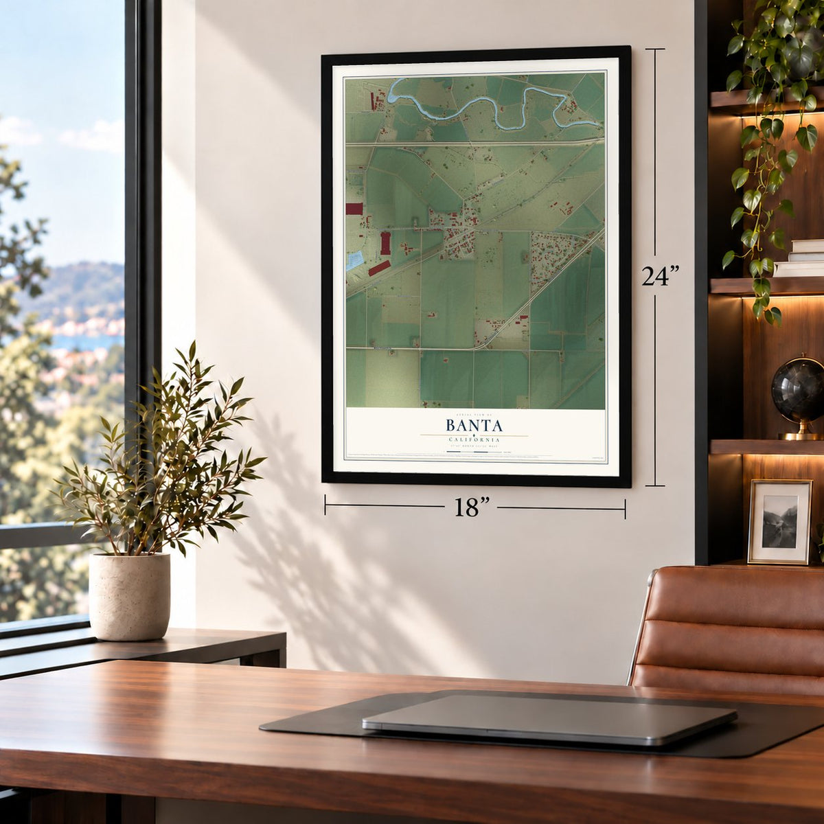 Banta, California map, 18 x 24 inch print in a black frame in a home office