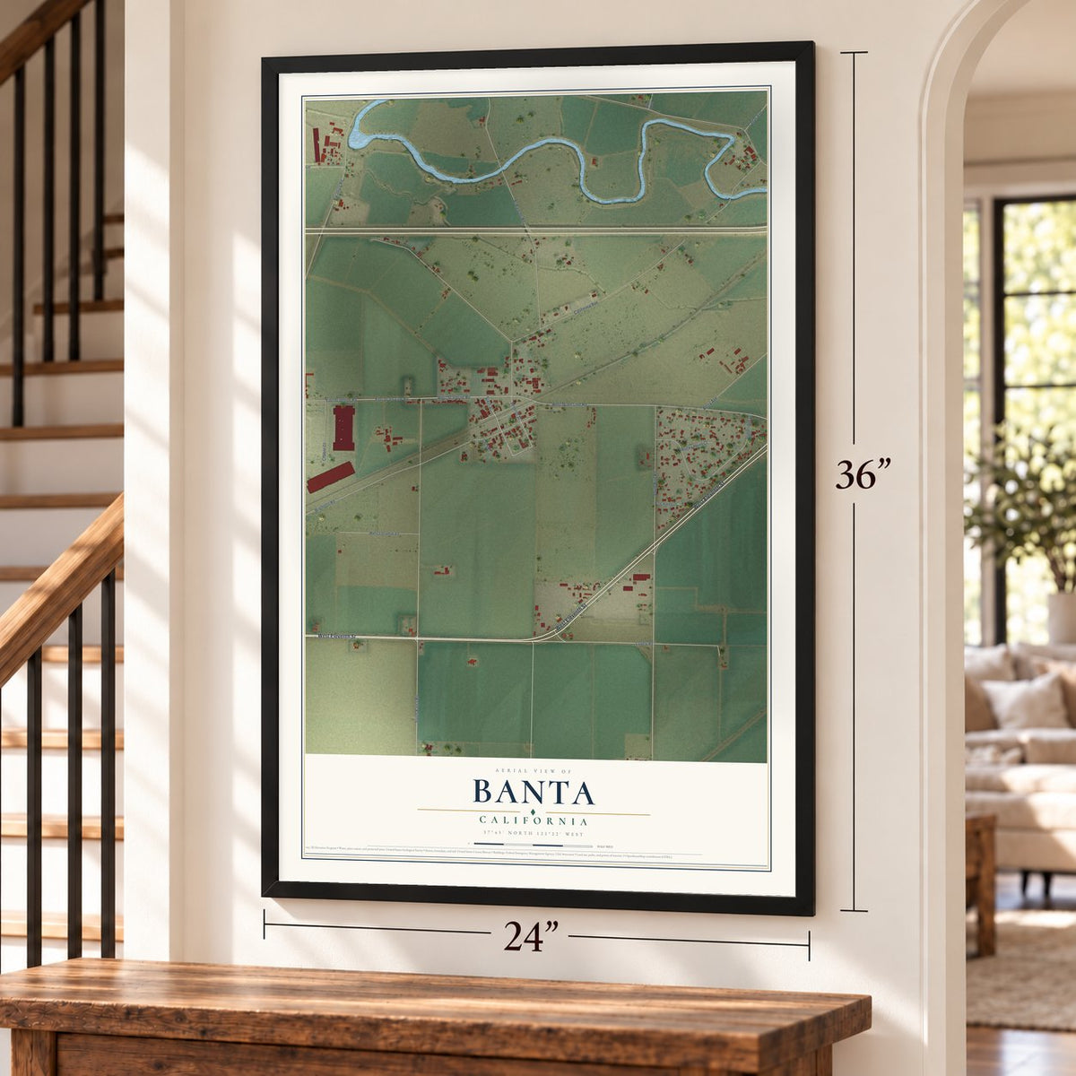 Banta, California map, 24 x 36 inch print in a black frame by a staircase