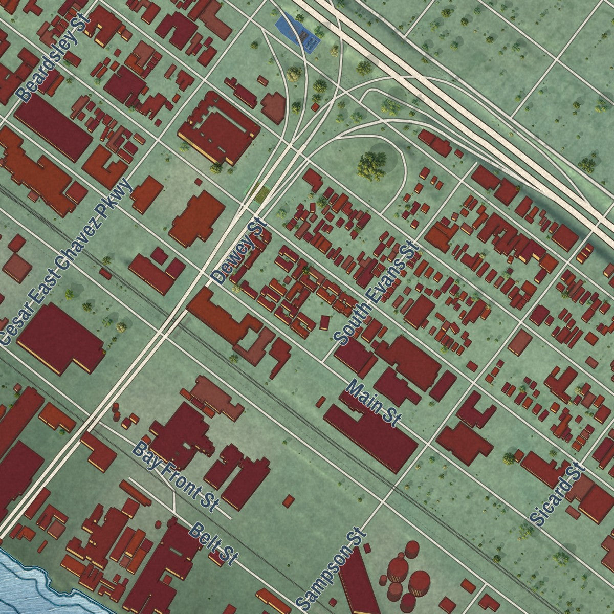 Close-up of the map of Barrio Logan, California print showing street and building detail