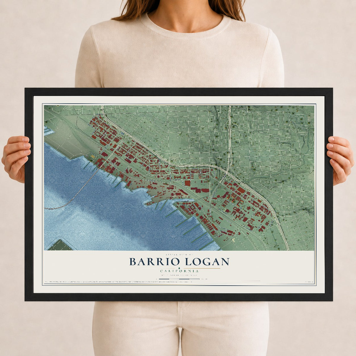 Map of Barrio Logan, California, 12 x 18 inch print in a black wood frame
