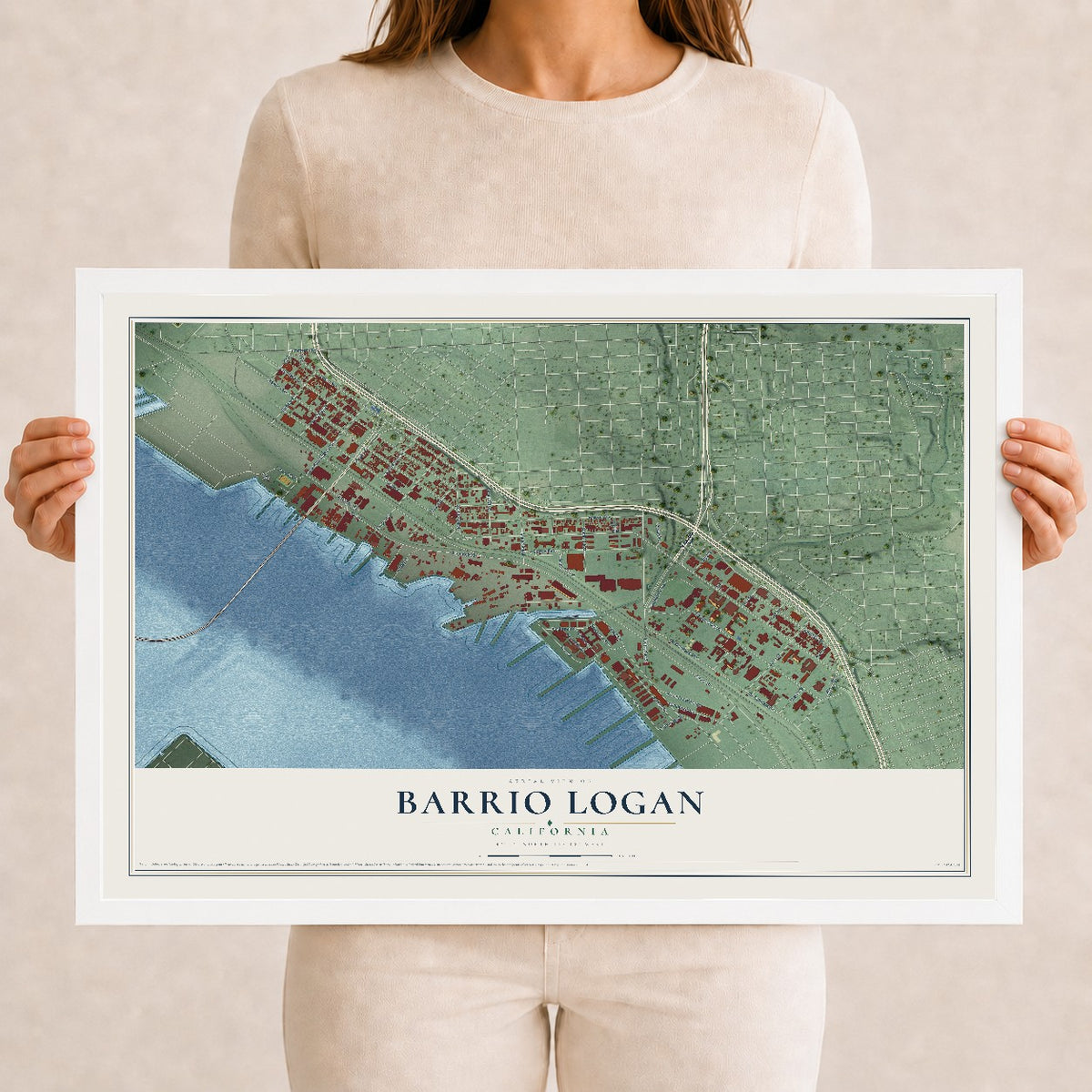 Map of Barrio Logan, California, 12 x 18 inch print in a white wood frame