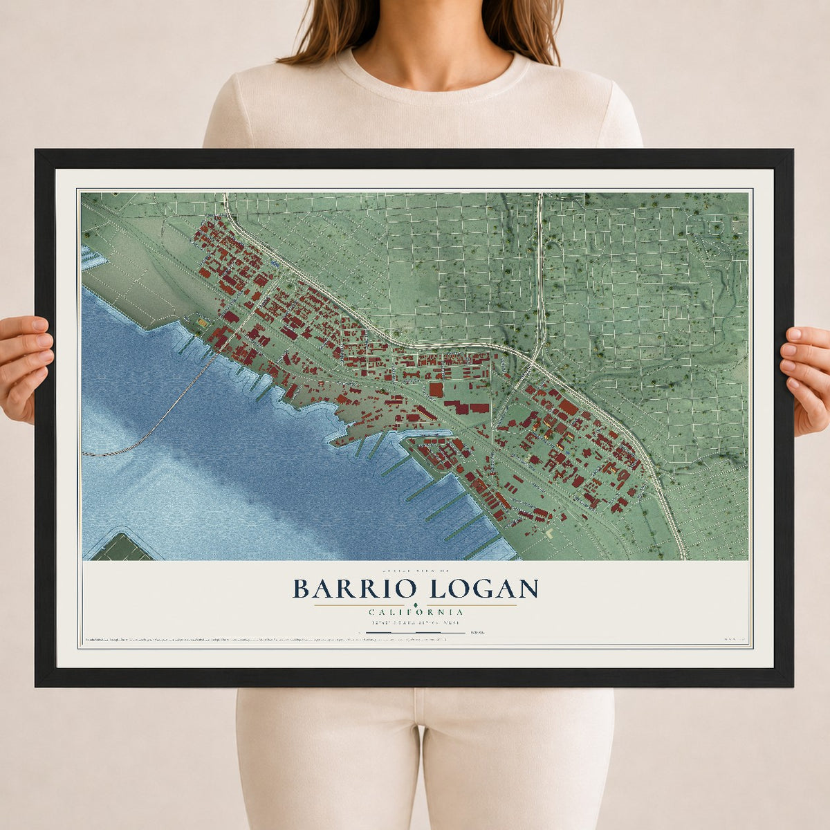 Map of Barrio Logan, California, 18 x 24 inch print in a black wood frame