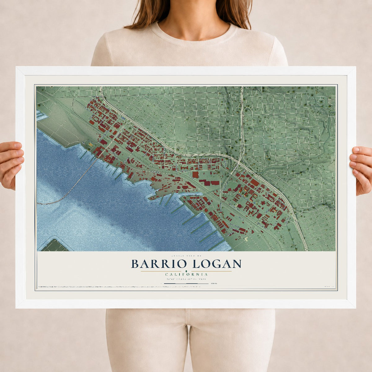 Map of Barrio Logan, California, 18 x 24 inch print in a white wood frame