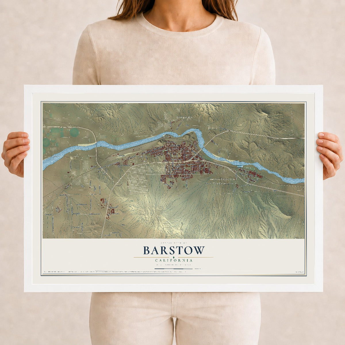 Map of Barstow, California, 12 x 18 inch print in a white wood frame