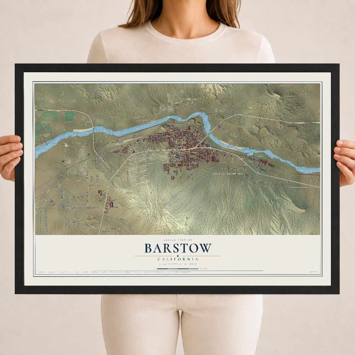 Map of Barstow, California, 18 x 24 inch print in a black wood frame