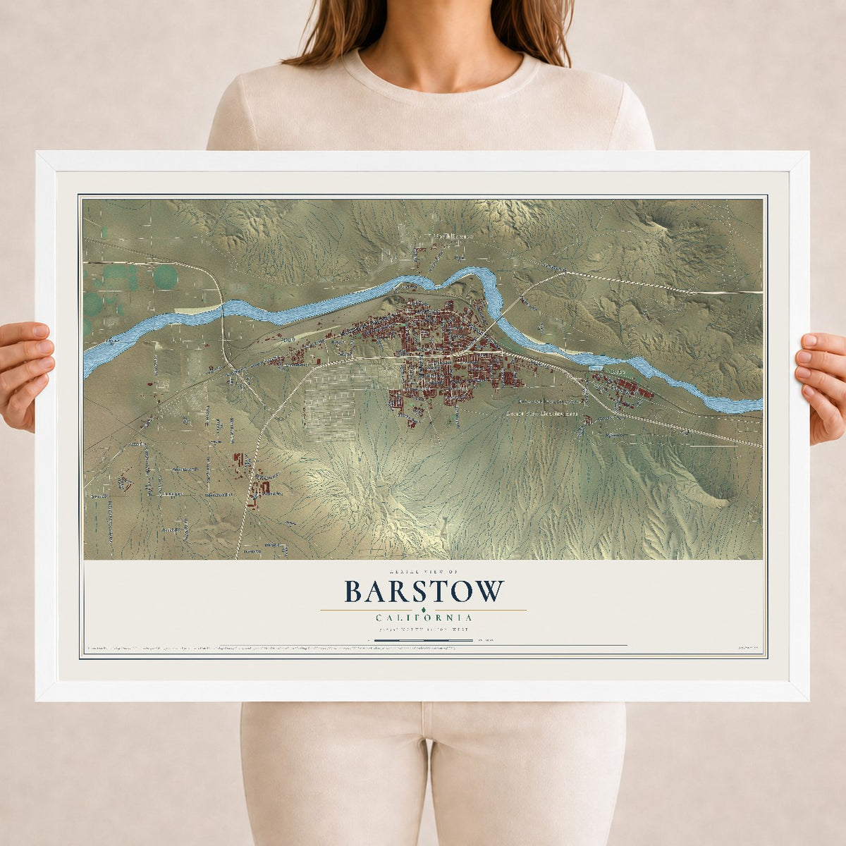 Map of Barstow, California, 18 x 24 inch print in a white wood frame