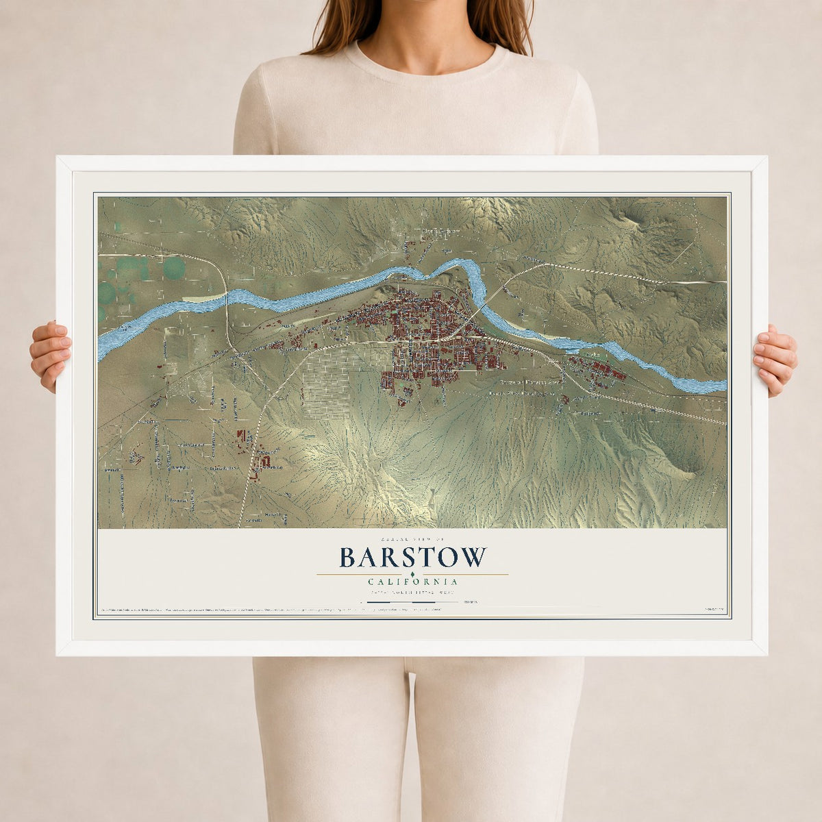Map of Barstow, California, 24 x 36 inch print in a white wood frame