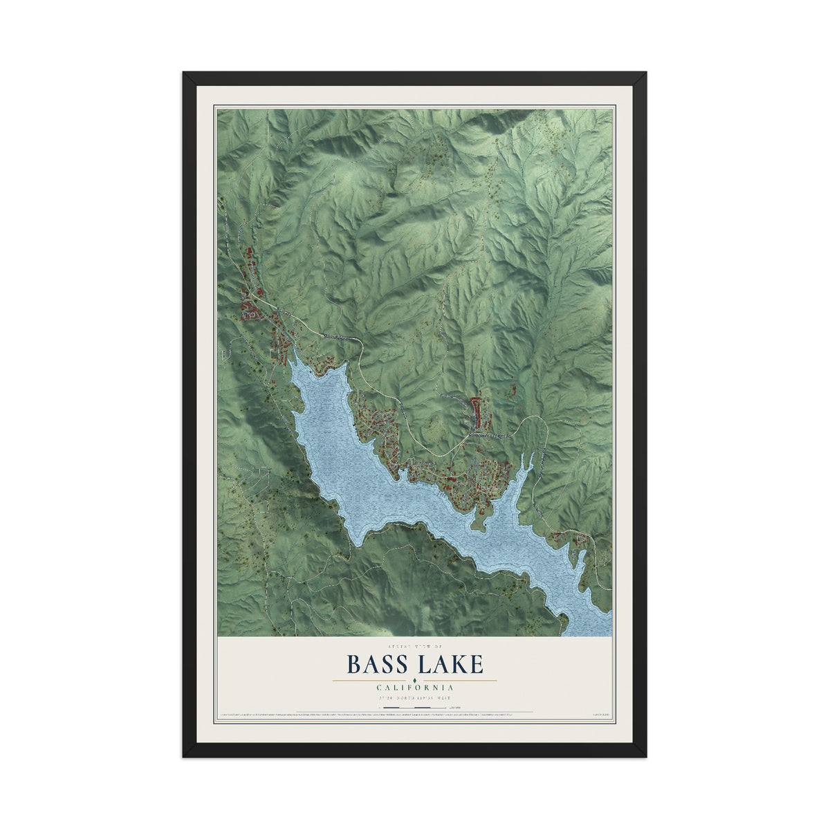Map of Bass Lake, California, 12 x 18 inch print in a black wood frame