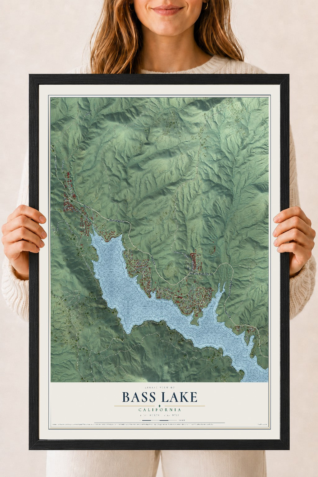 Map of Bass Lake, California, 18 x 24 inch print in a black wood frame