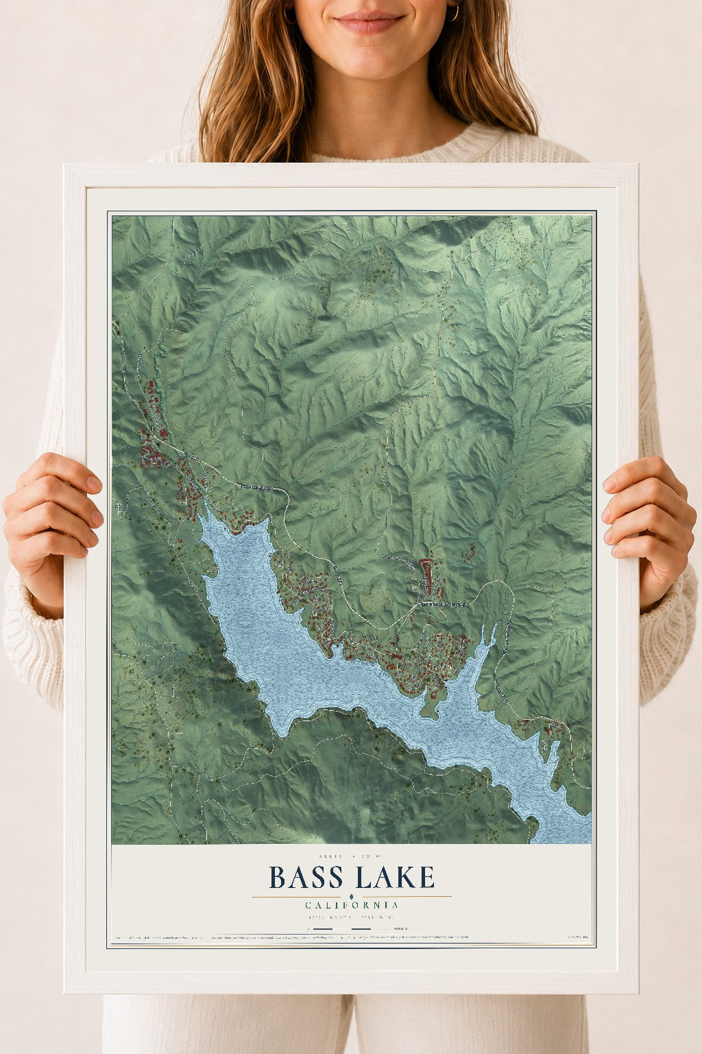 Map of Bass Lake, California, 18 x 24 inch print in a white wood frame