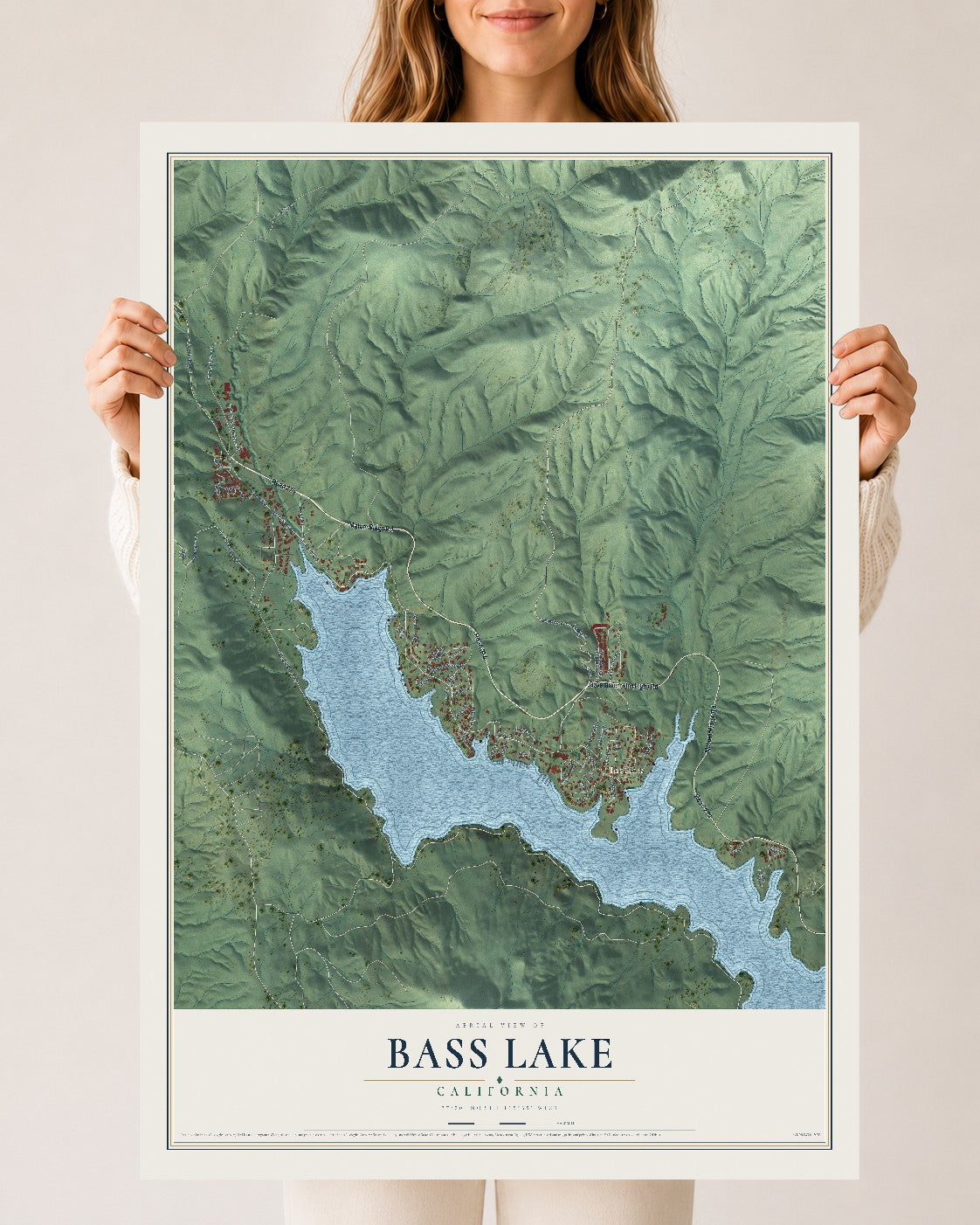 Map of Bass Lake, California, 24 x 36 inch unframed archival matte print