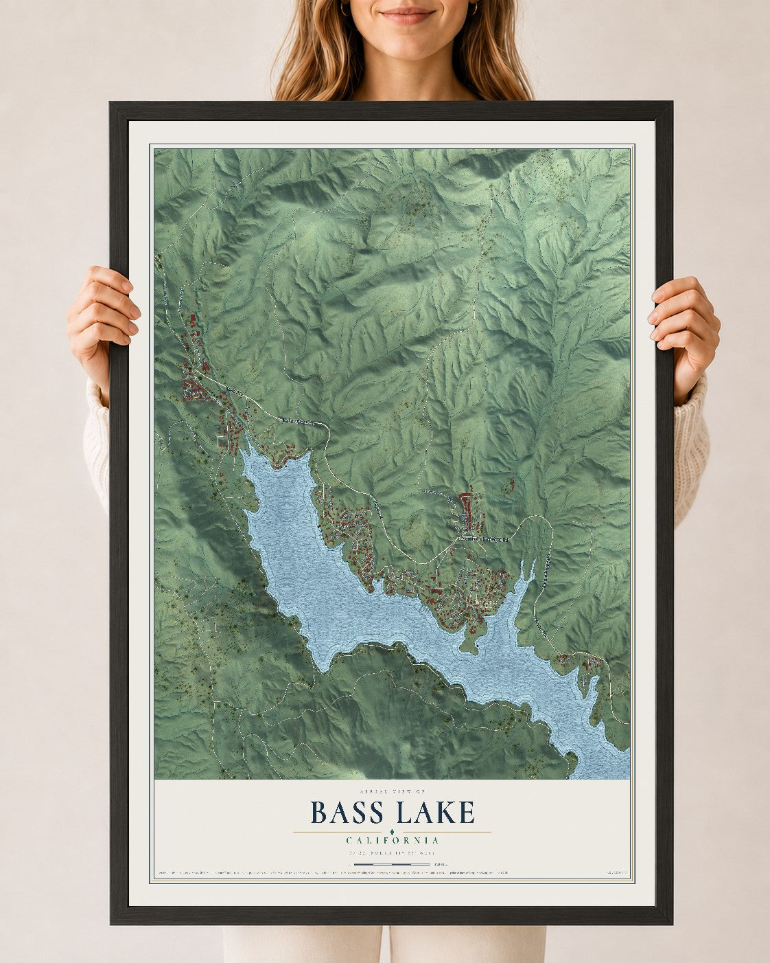 Map of Bass Lake, California, 24 x 36 inch print in a black wood frame