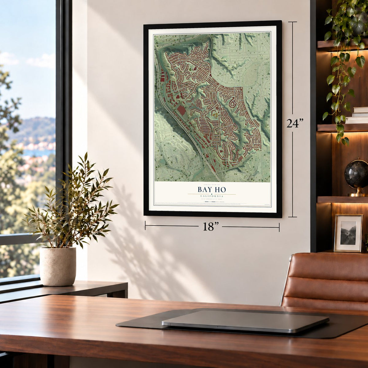 Bay Ho, California map, 18 x 24 inch print in a black frame in a home office