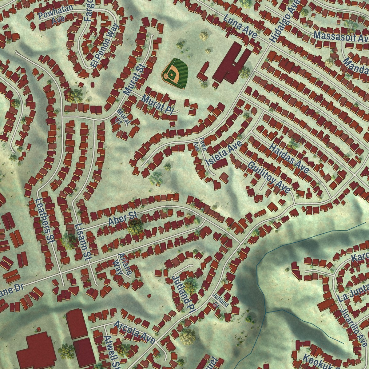 Close-up of the map of Bay Ho, California print showing street and building detail