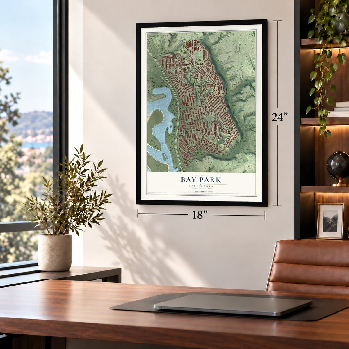 Bay Park, California map, 18 x 24 inch print in a black frame in a home office