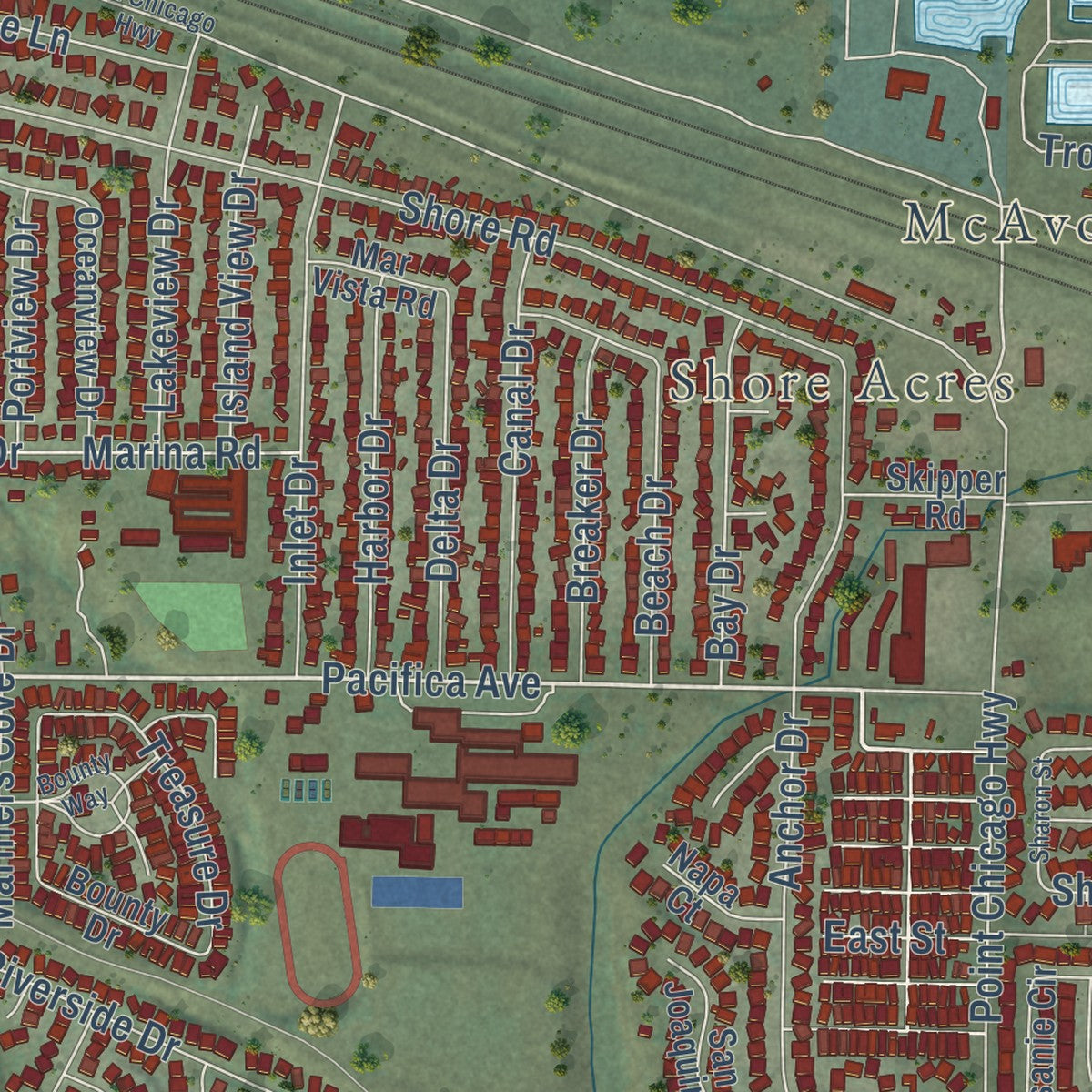 Close-up of the map of Bay Point, California print showing street and building detail