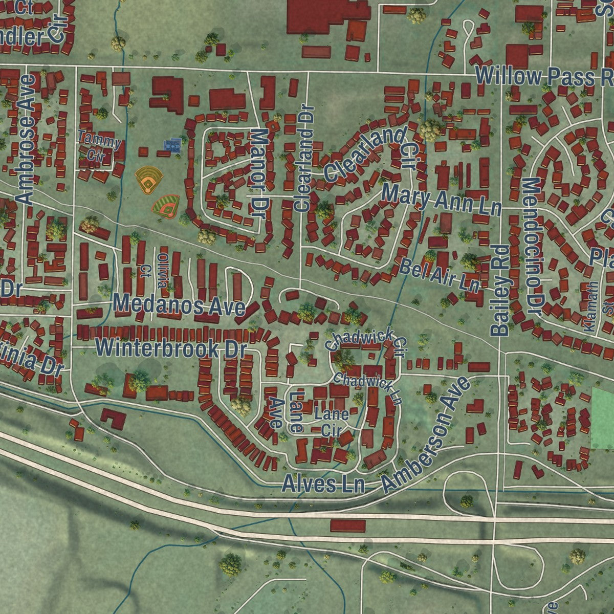 Second close-up of the map of Bay Point, California print showing more streets and buildings