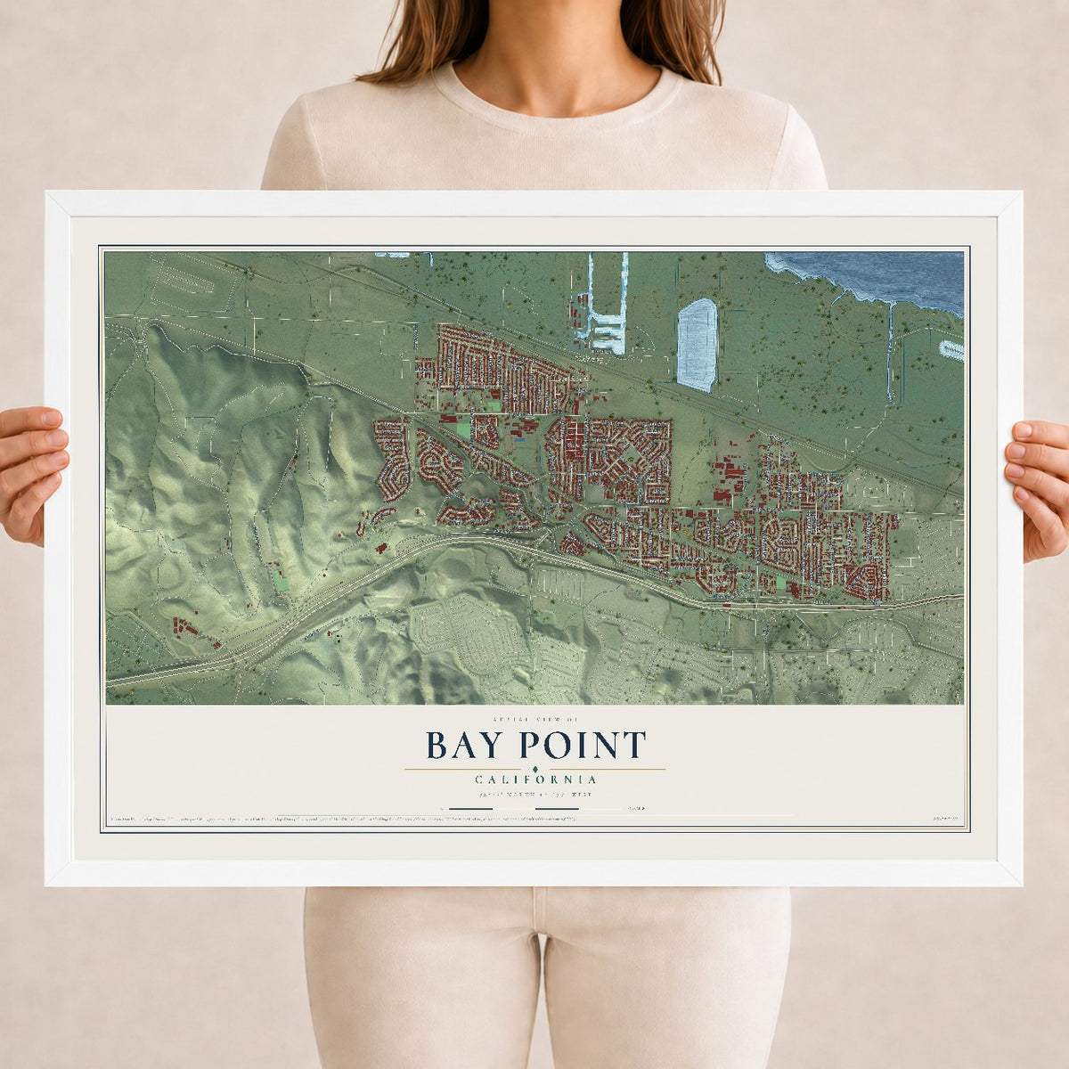 Map of Bay Point, California, 18 x 24 inch print in a white wood frame