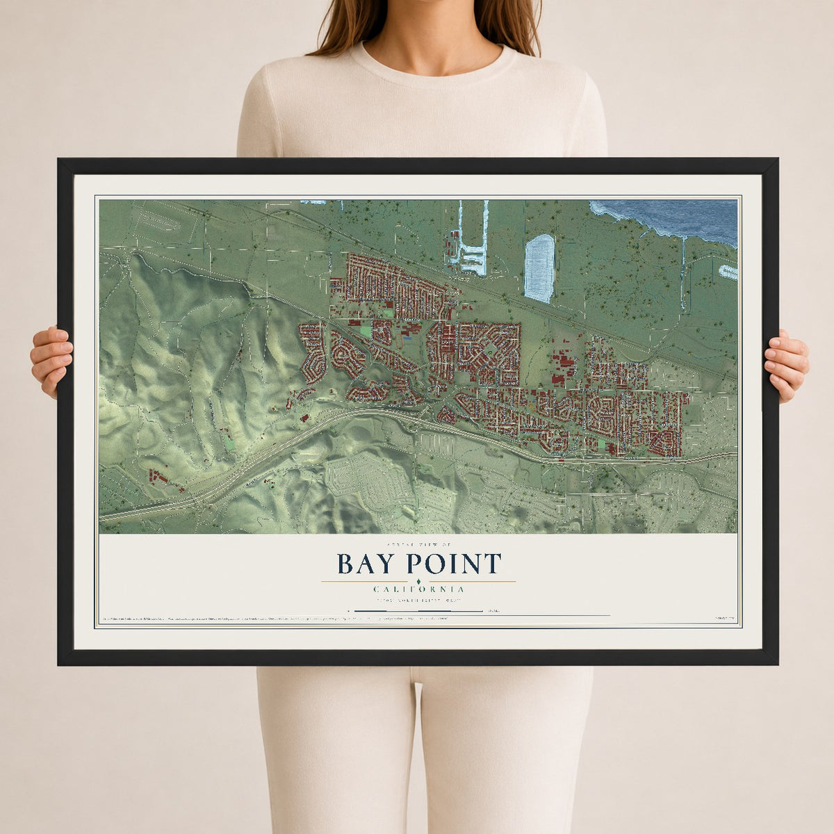 Map of Bay Point, California, 24 x 36 inch print in a black wood frame