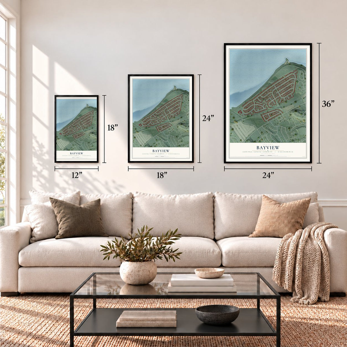 Bayview, Contra Costa County, California map in 12 x 18, 18 x 24 and 24 x 36 inch sizes above a sofa