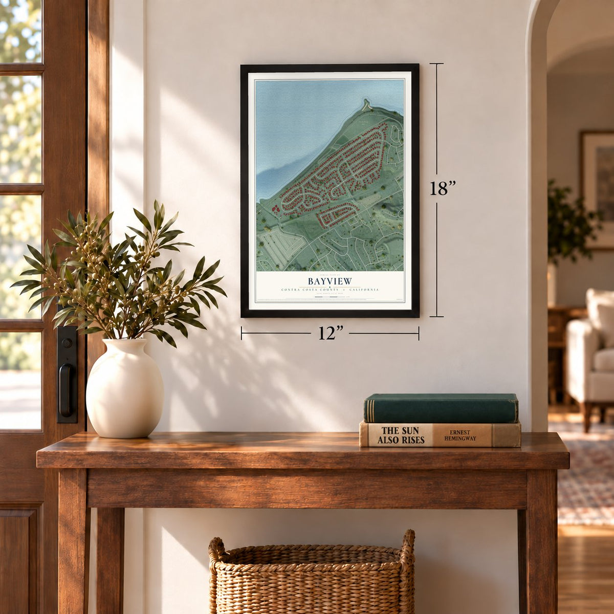 Bayview, Contra Costa County, California map, 12 x 18 inch print in a black frame in an entryway