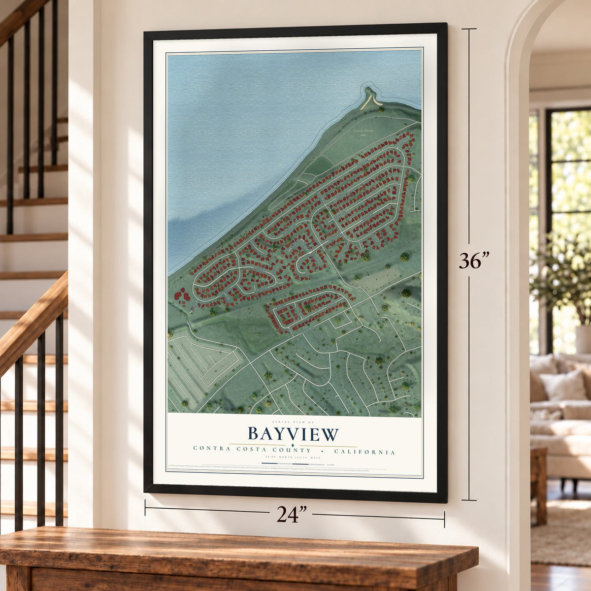 Bayview, Contra Costa County, California map, 24 x 36 inch print in a black frame by a staircase