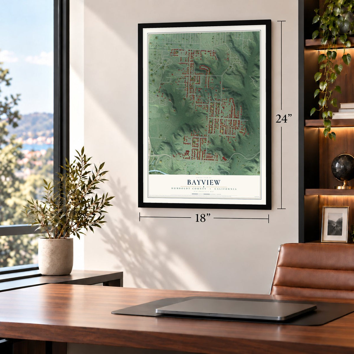 Bayview, Humboldt County, California map, 18 x 24 inch print in a black frame in a home office