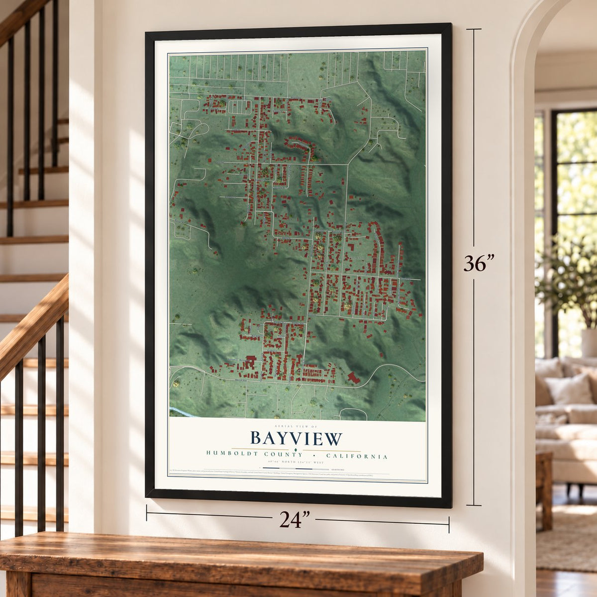 Bayview, Humboldt County, California map, 24 x 36 inch print in a black frame by a staircase