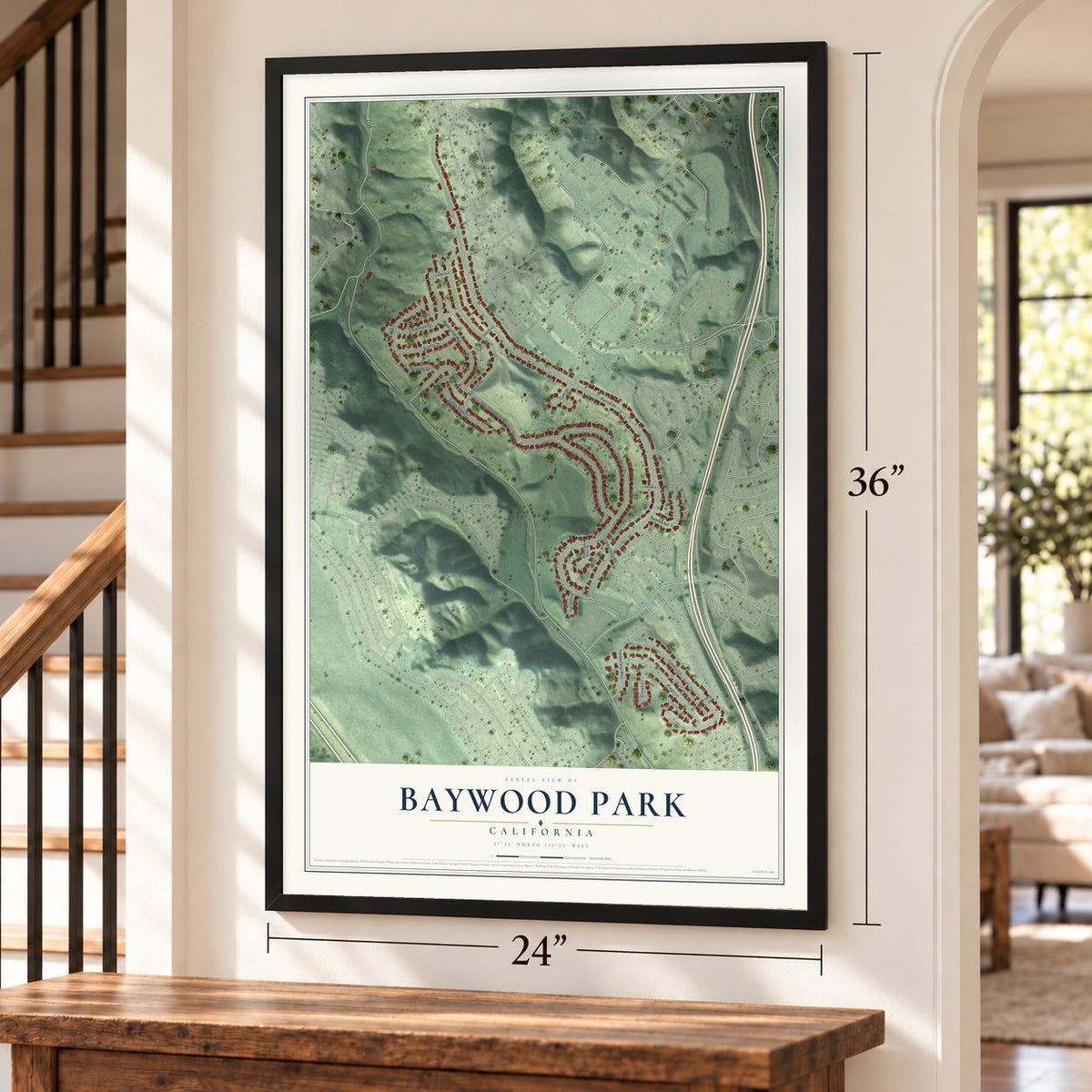 Baywood Park, California map, 24 x 36 inch print in a black frame by a staircase
