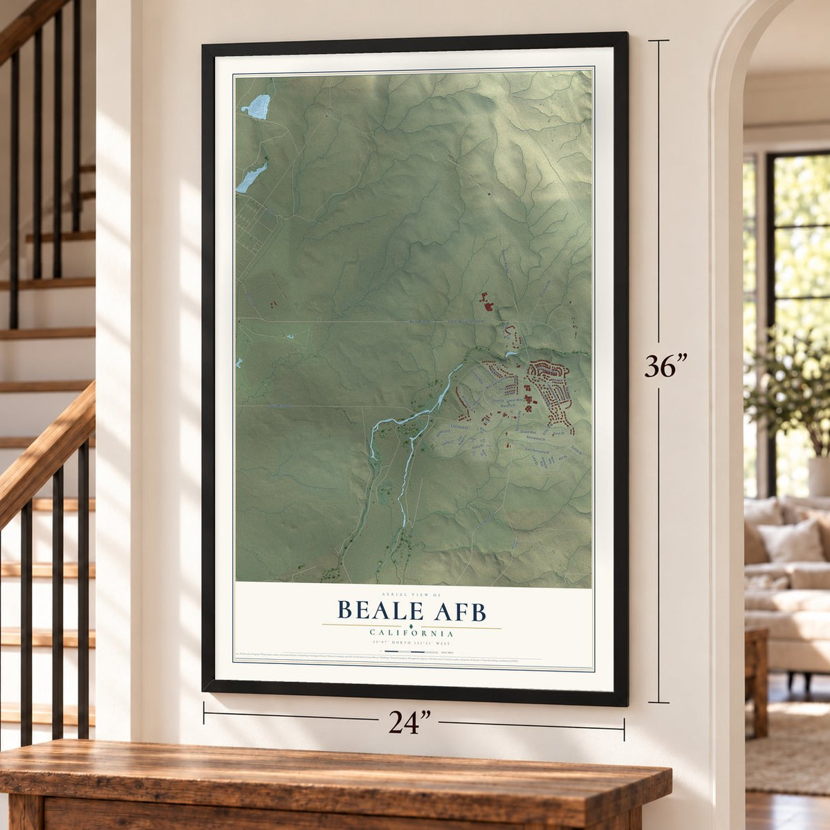 Beale AFB, California map, 24 x 36 inch print in a black frame by a staircase