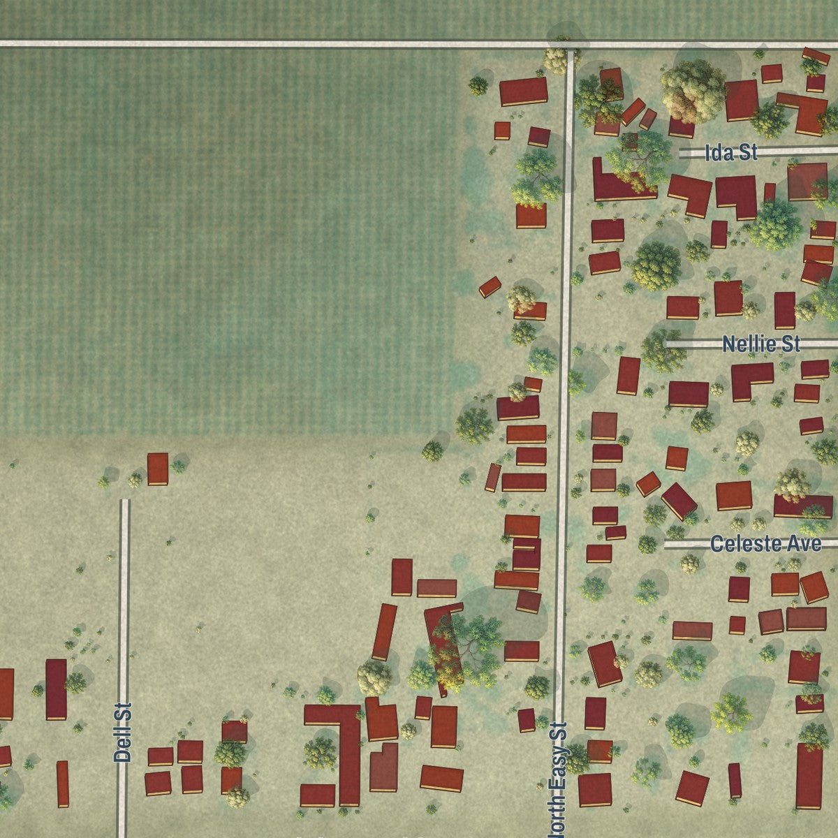Close-up of the map of Bear Creek, California print showing street and building detail