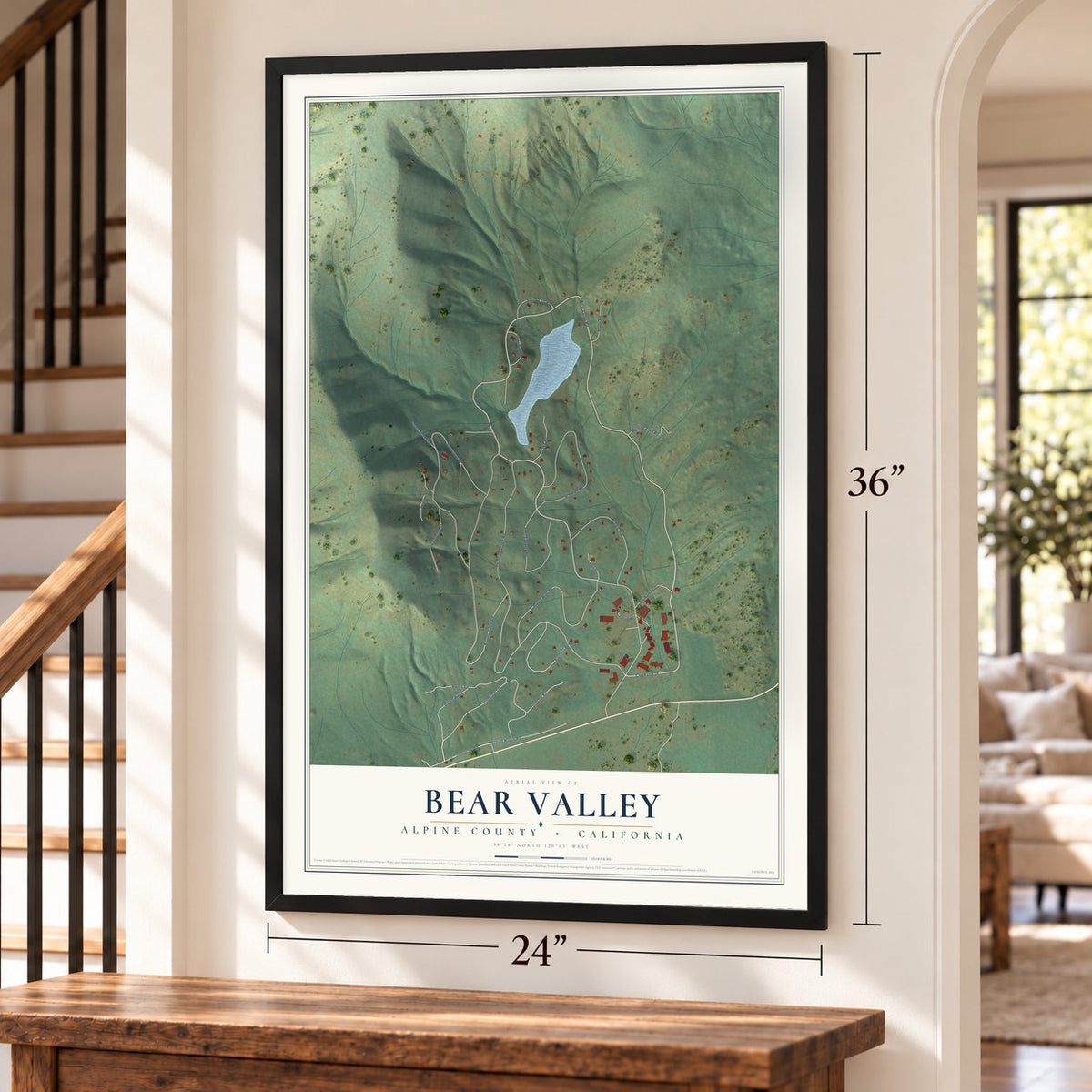 Bear Valley, Alpine County, California map, 24 x 36 inch print in a black frame by a staircase