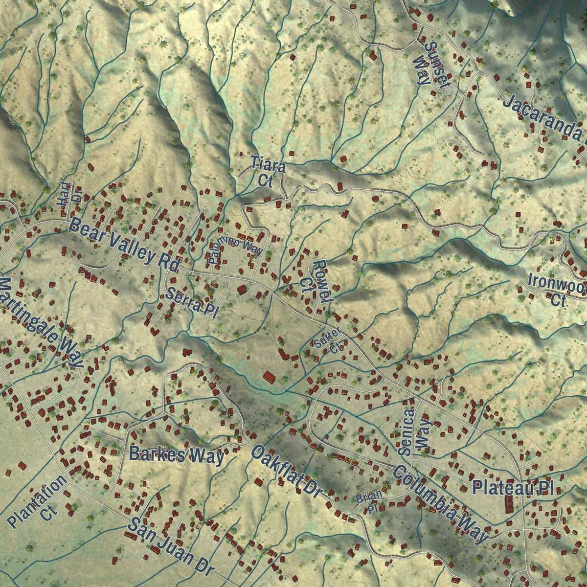 Close-up of the map of Bear Valley Springs, California print showing street and building detail