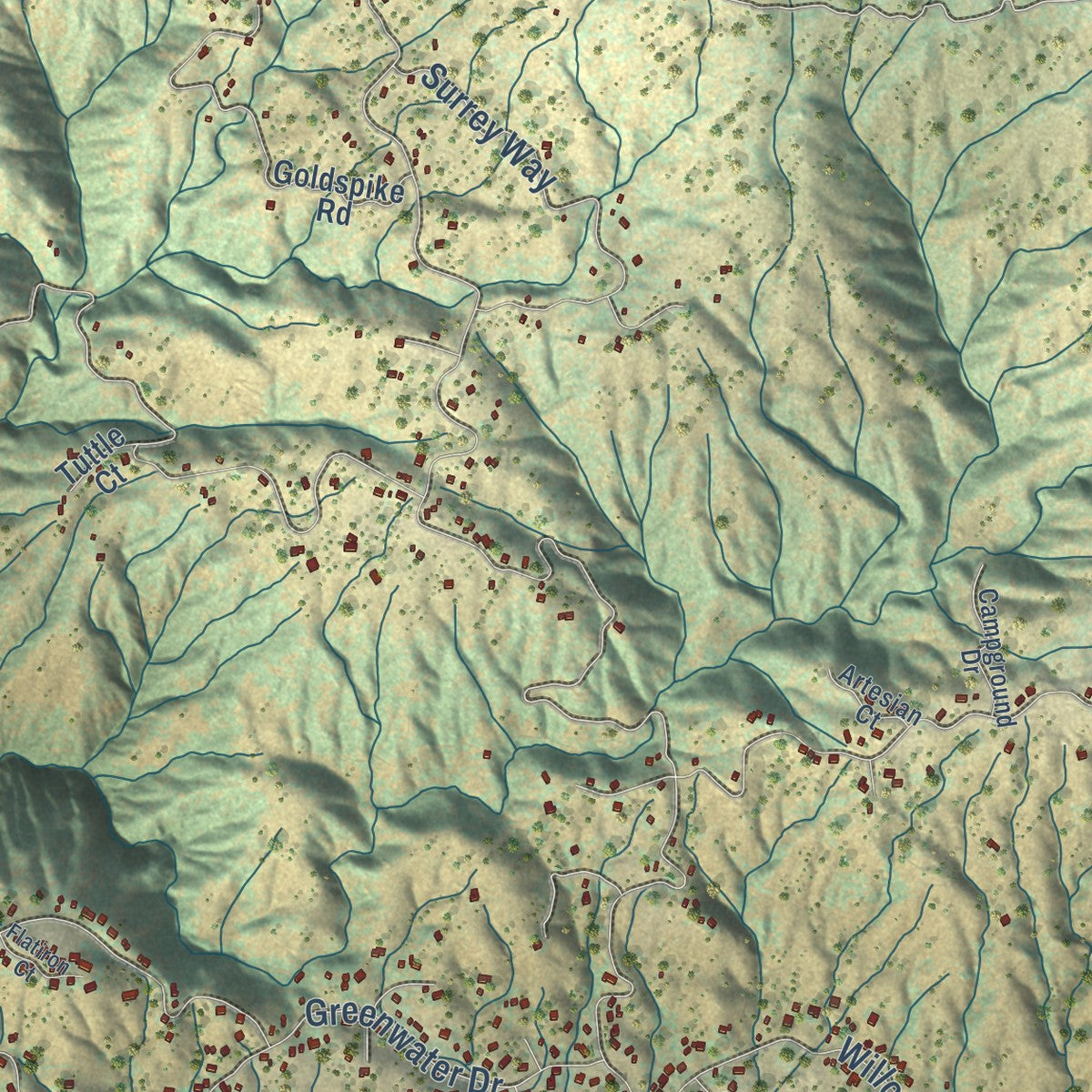 Second close-up of the map of Bear Valley Springs, California print showing more streets and buildings