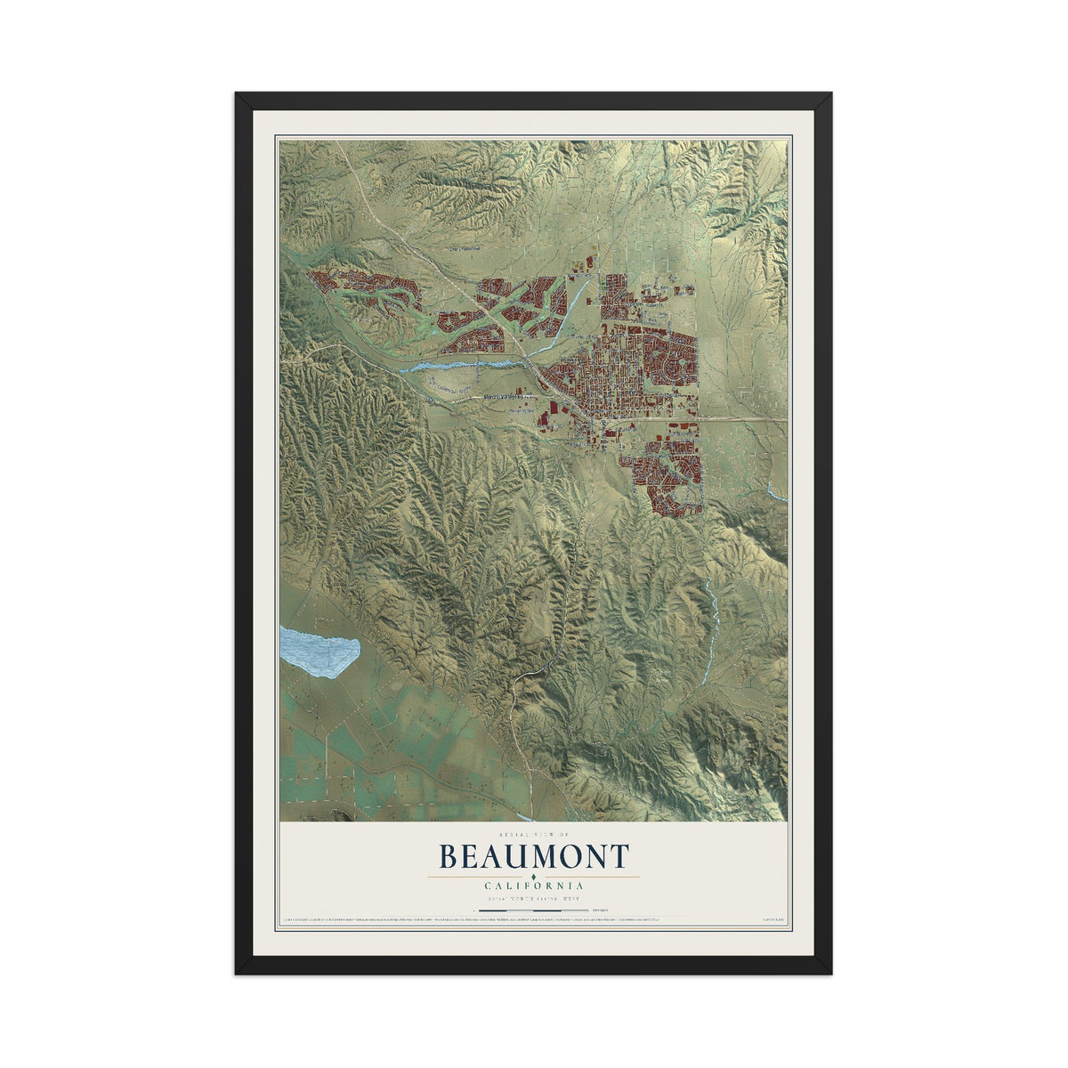 Map of Beaumont, California, 12 x 18 inch print in a black wood frame