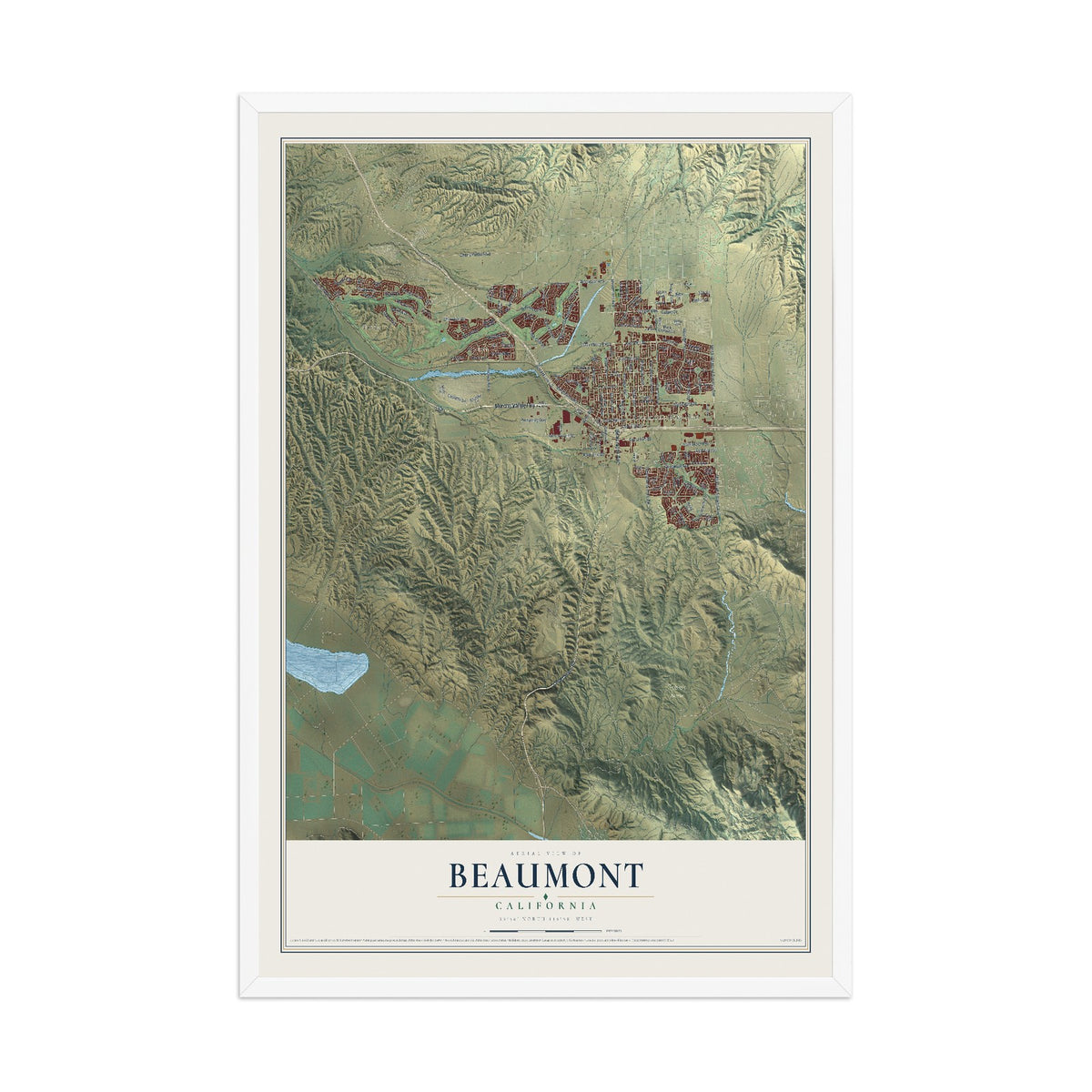 Map of Beaumont, California, 12 x 18 inch print in a white wood frame