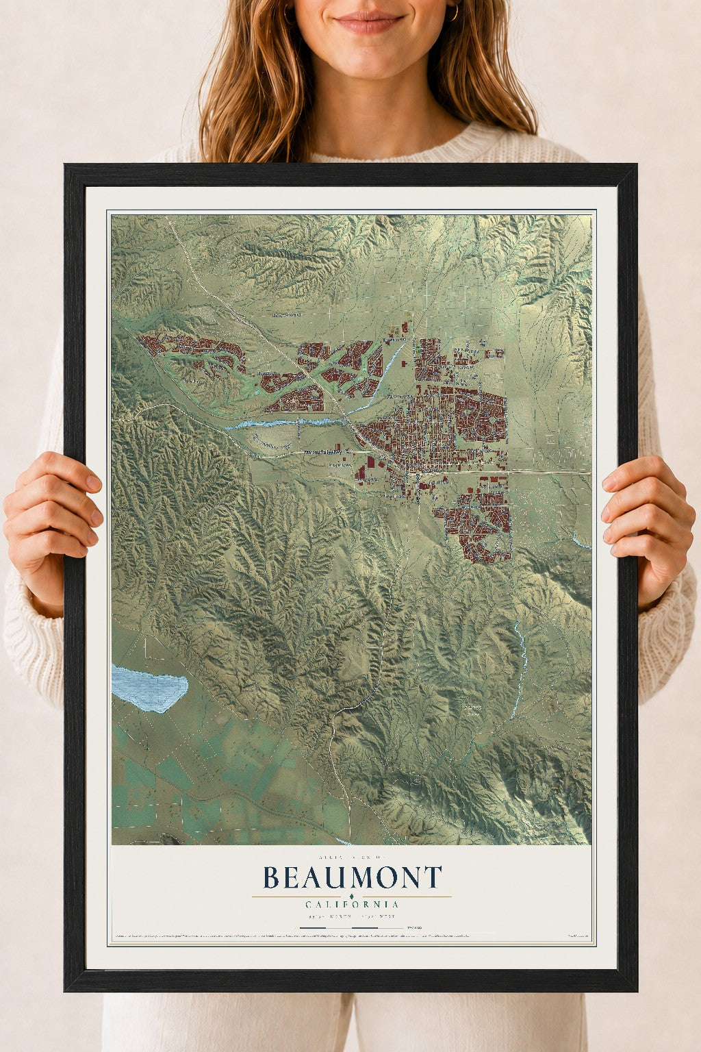 Map of Beaumont, California, 18 x 24 inch print in a black wood frame