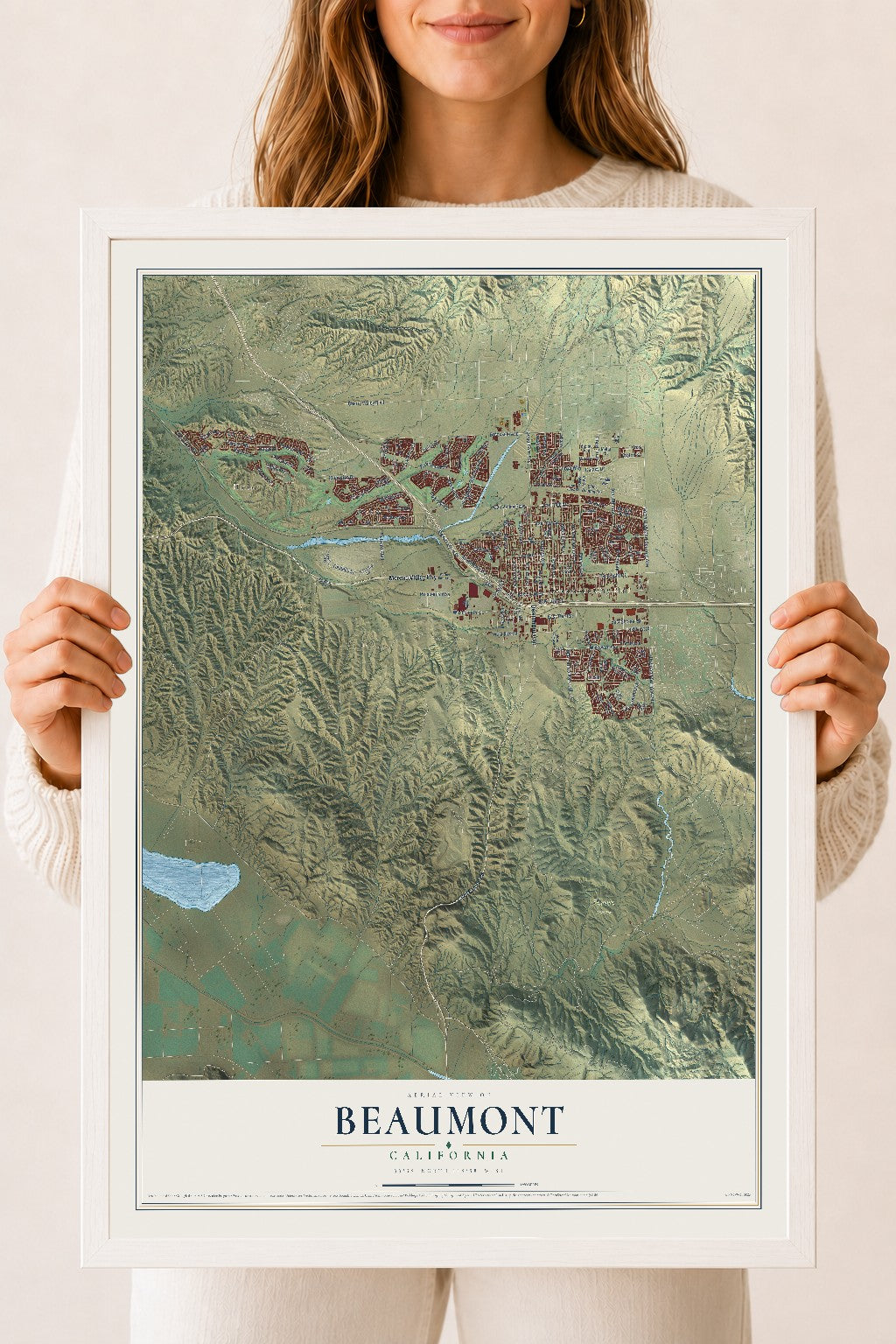 Map of Beaumont, California, 18 x 24 inch print in a white wood frame