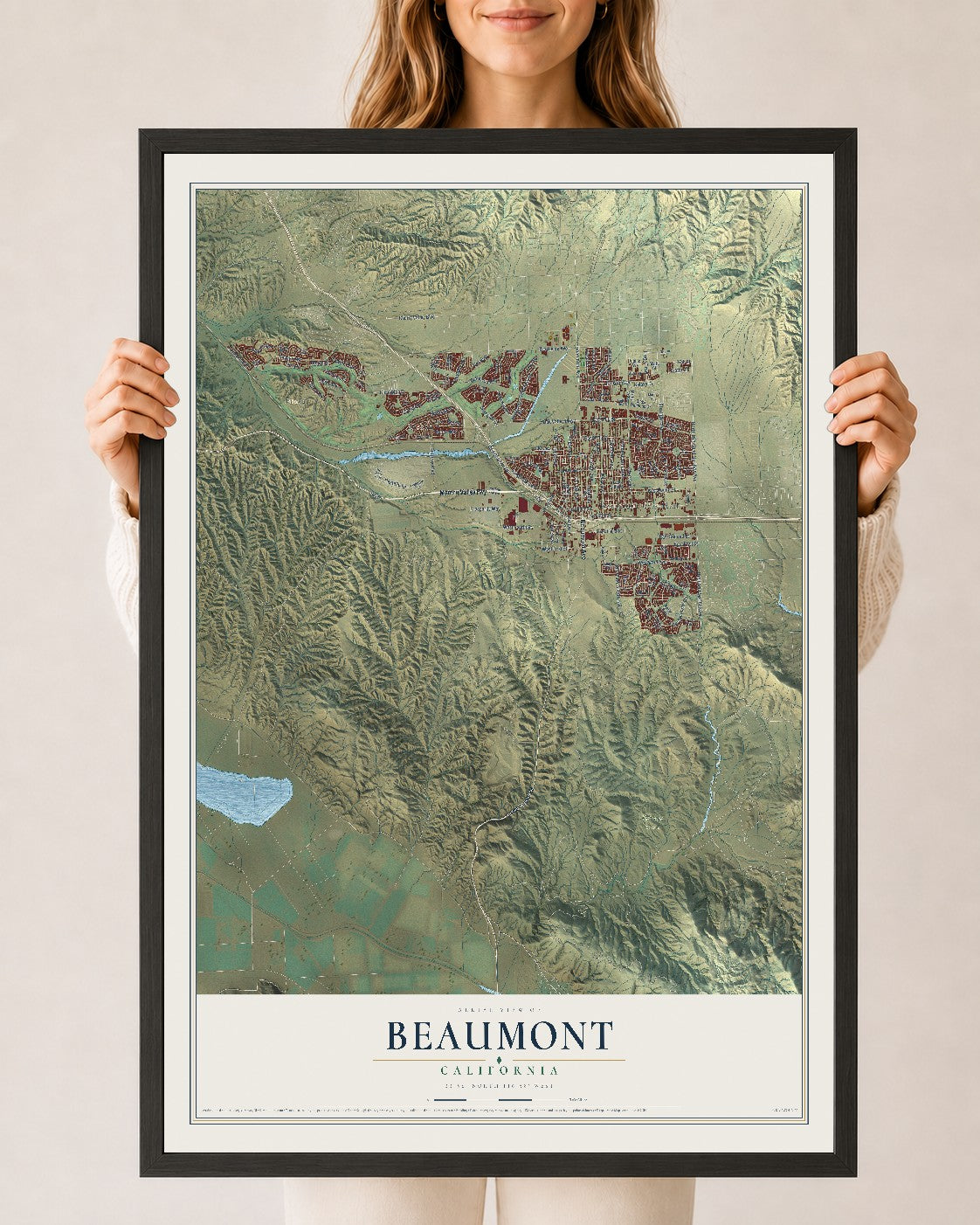 Map of Beaumont, California, 24 x 36 inch print in a black wood frame