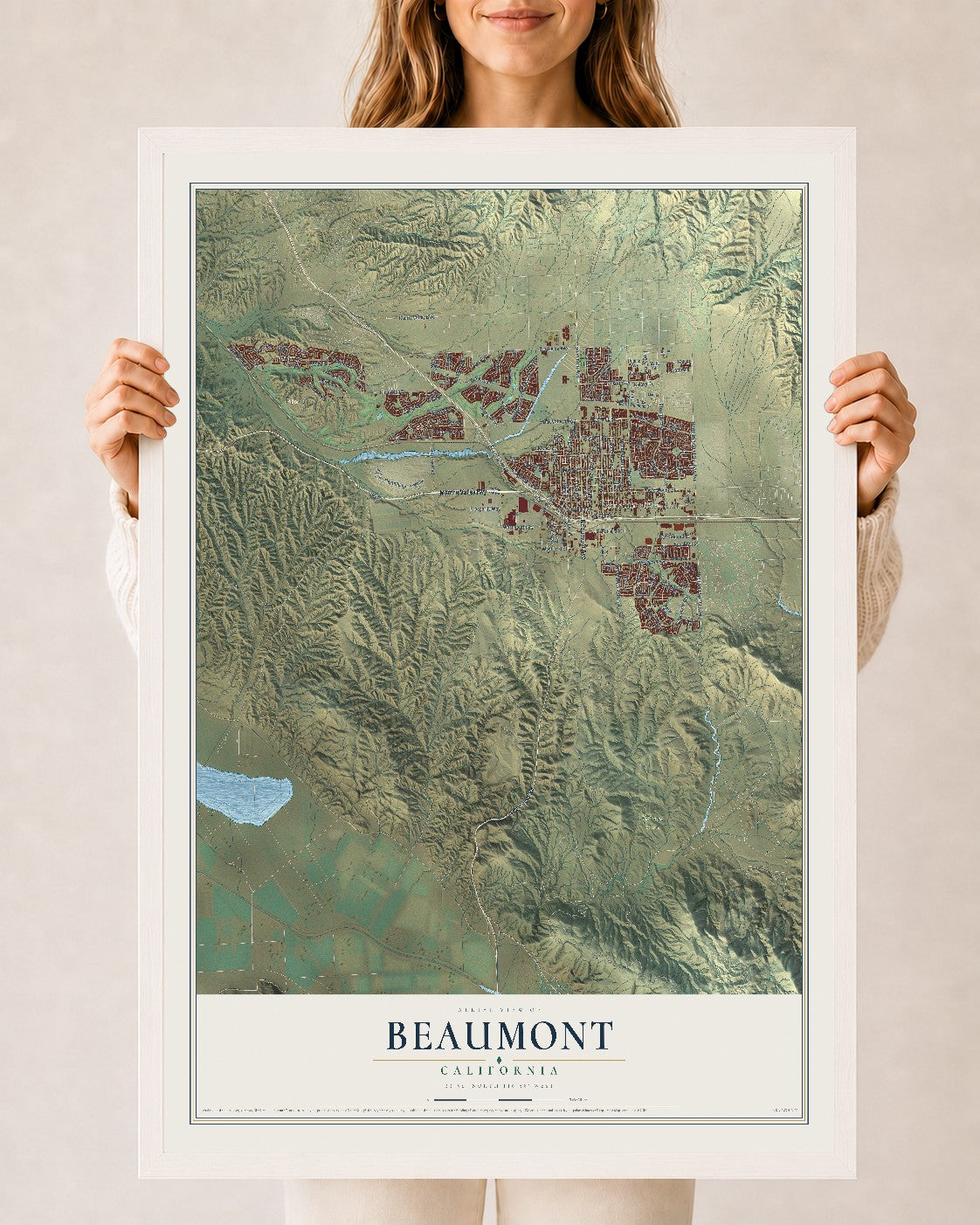 Map of Beaumont, California, 24 x 36 inch print in a white wood frame