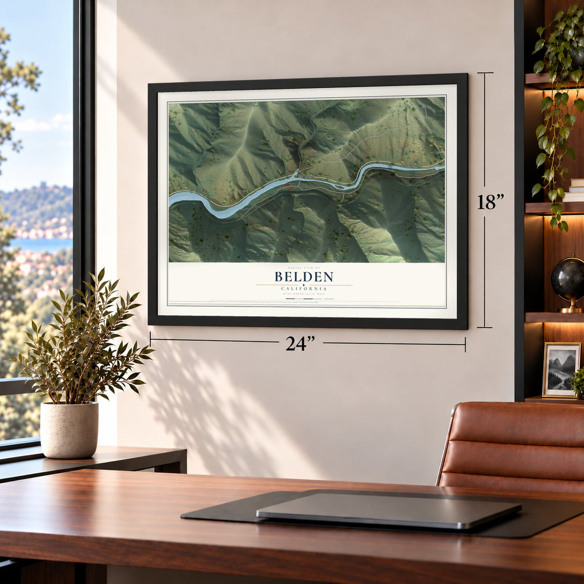 Belden, California map, 18 x 24 inch print in a black frame in a home office