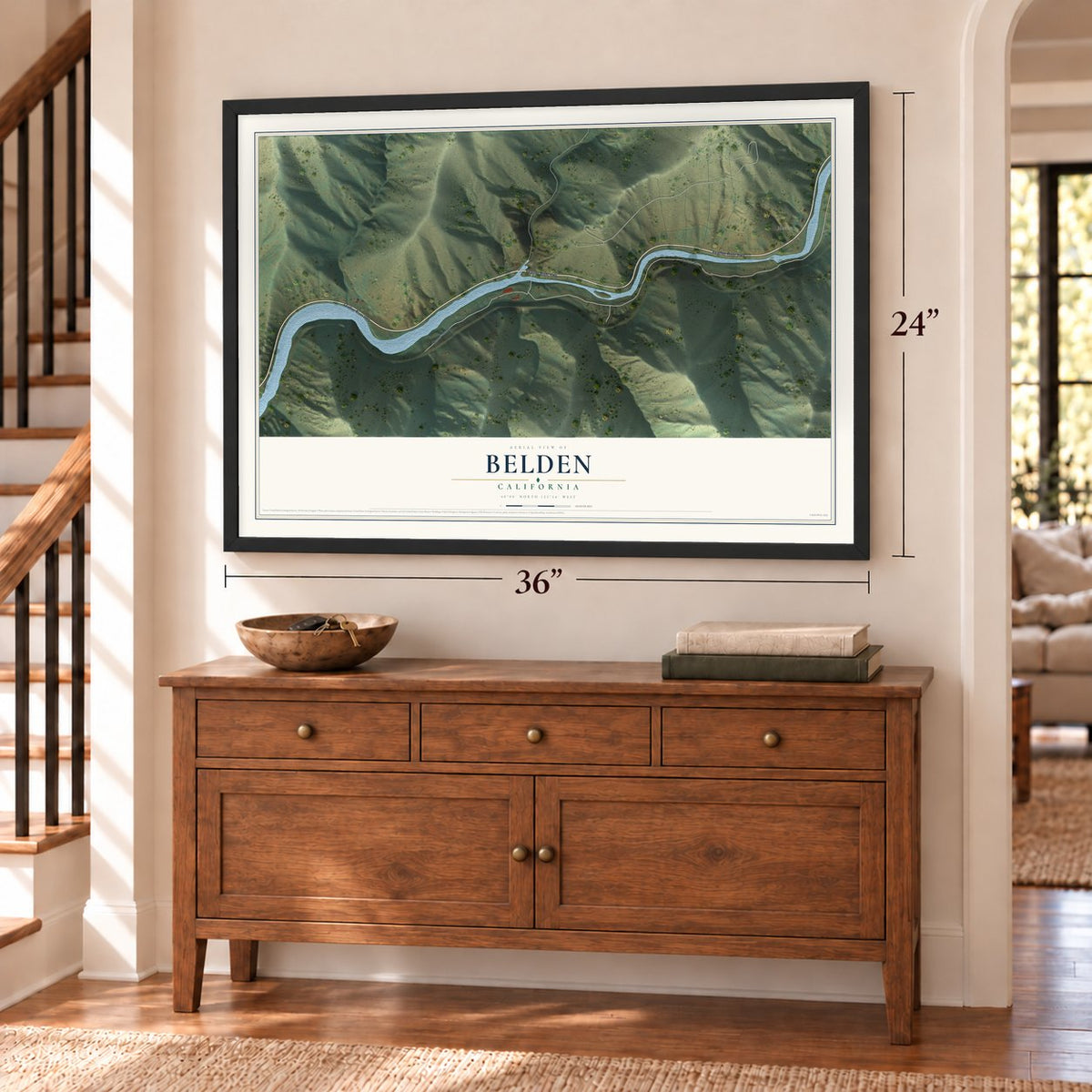 Belden, California map, 24 x 36 inch print in a black frame above a dresser by a staircase
