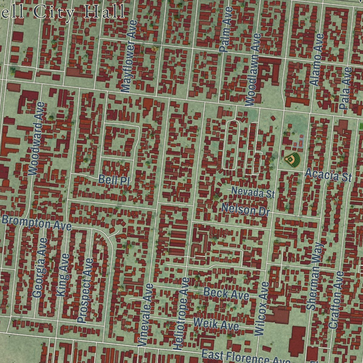 Close-up of the map of Bell, California print showing street and building detail