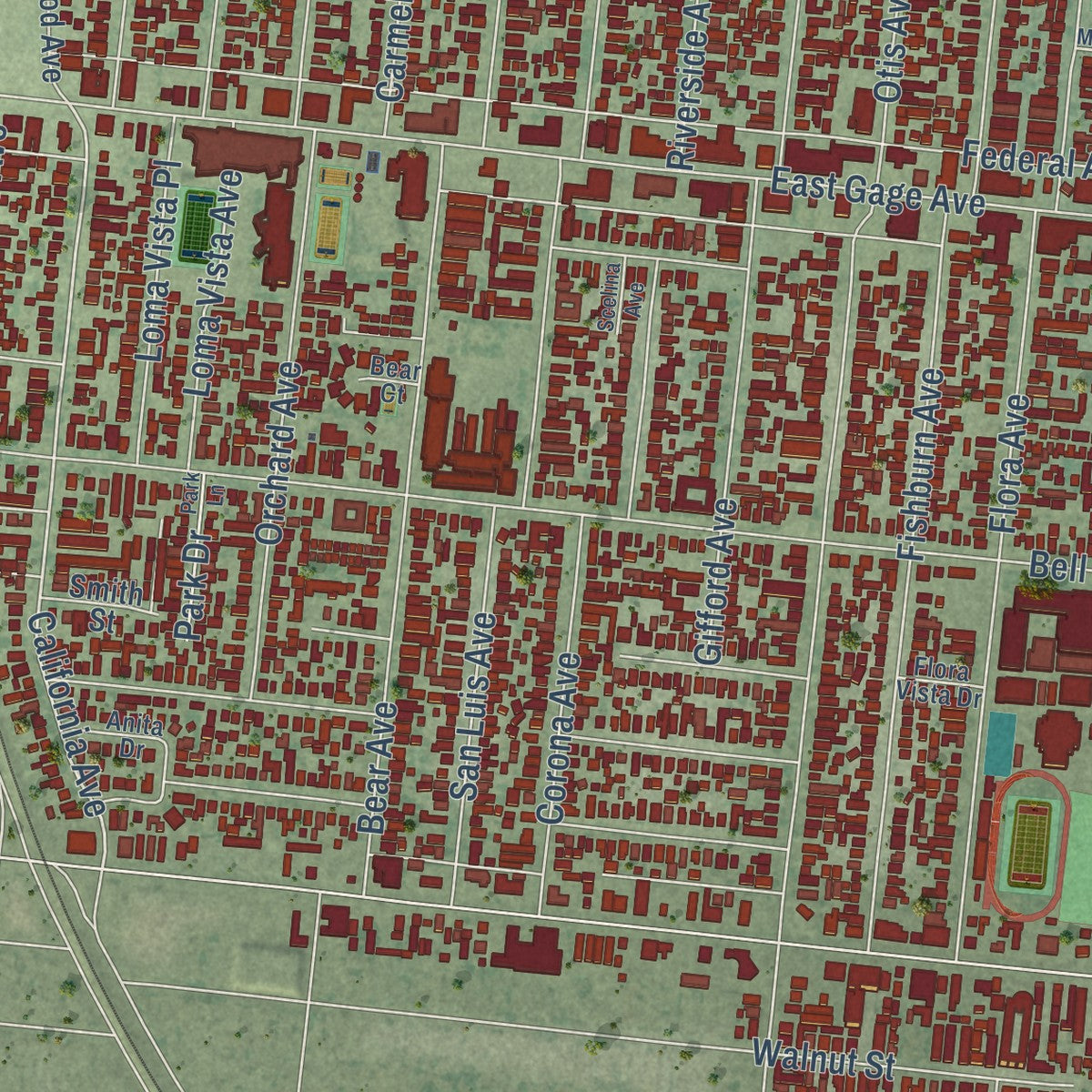 Second close-up of the map of Bell, California print showing more streets and buildings