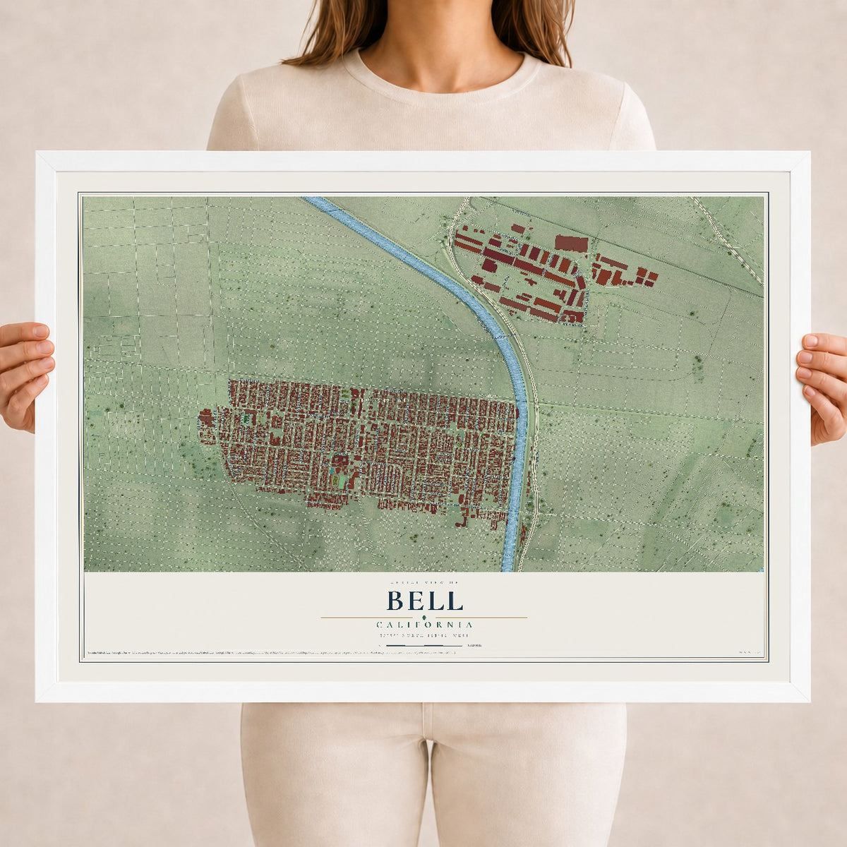 Map of Bell, California, 18 x 24 inch print in a white wood frame