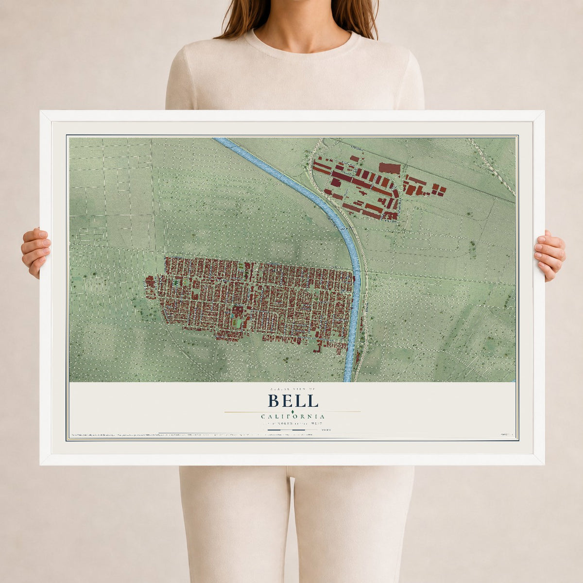 Map of Bell, California, 24 x 36 inch print in a white wood frame
