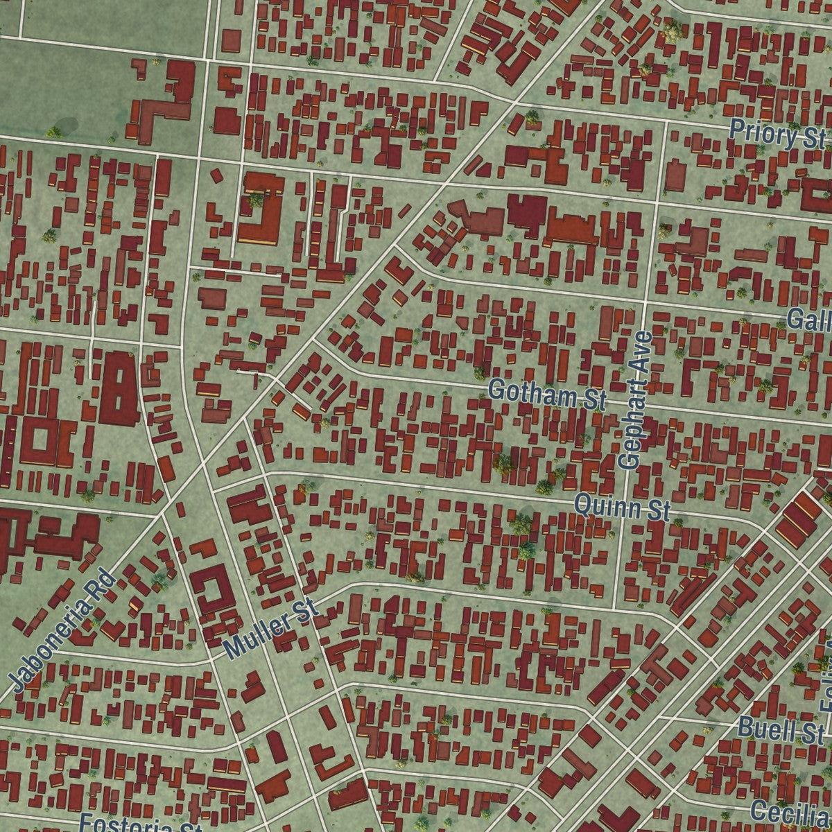 Close-up of the map of Bell Gardens, California print showing street and building detail