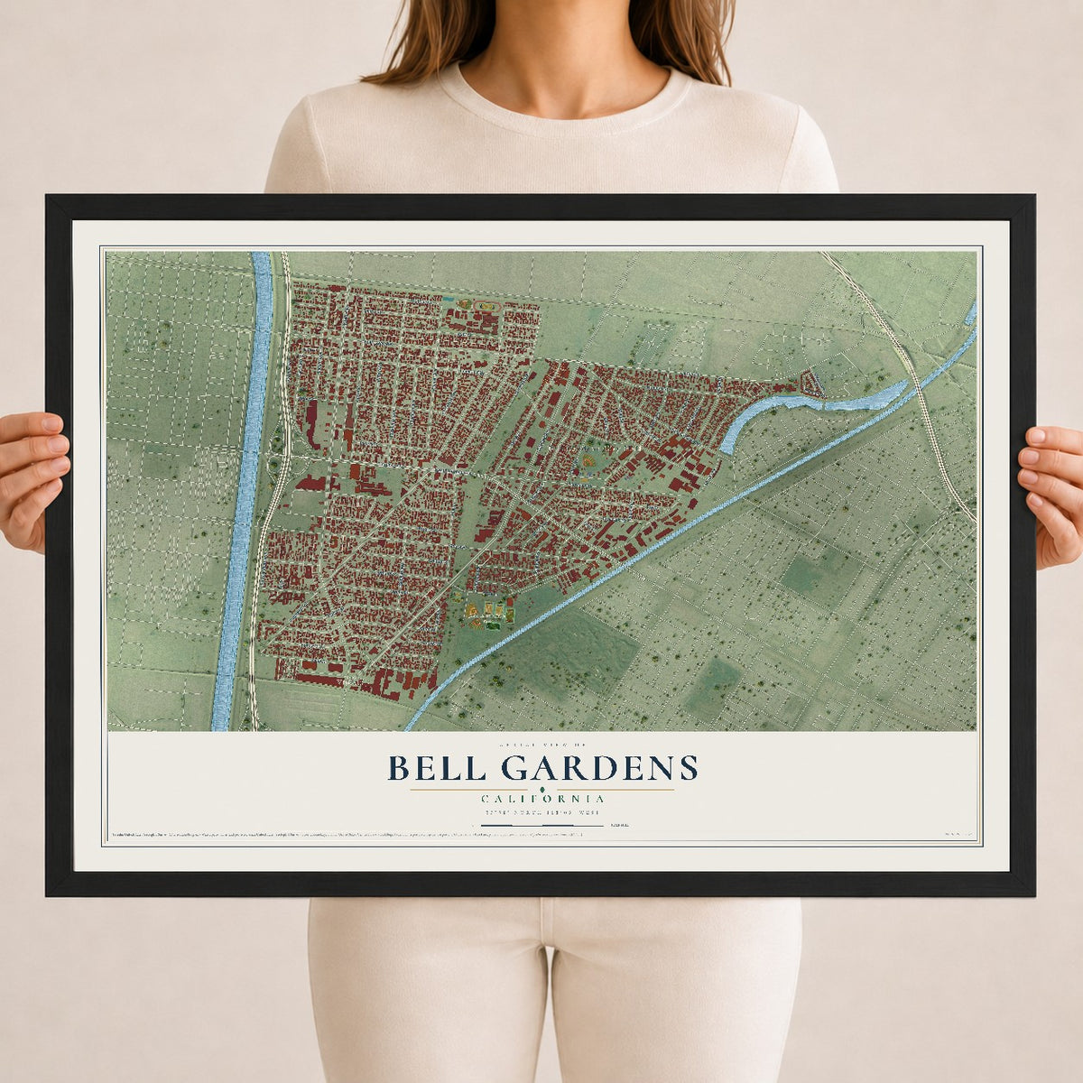 Map of Bell Gardens, California, 18 x 24 inch print in a black wood frame