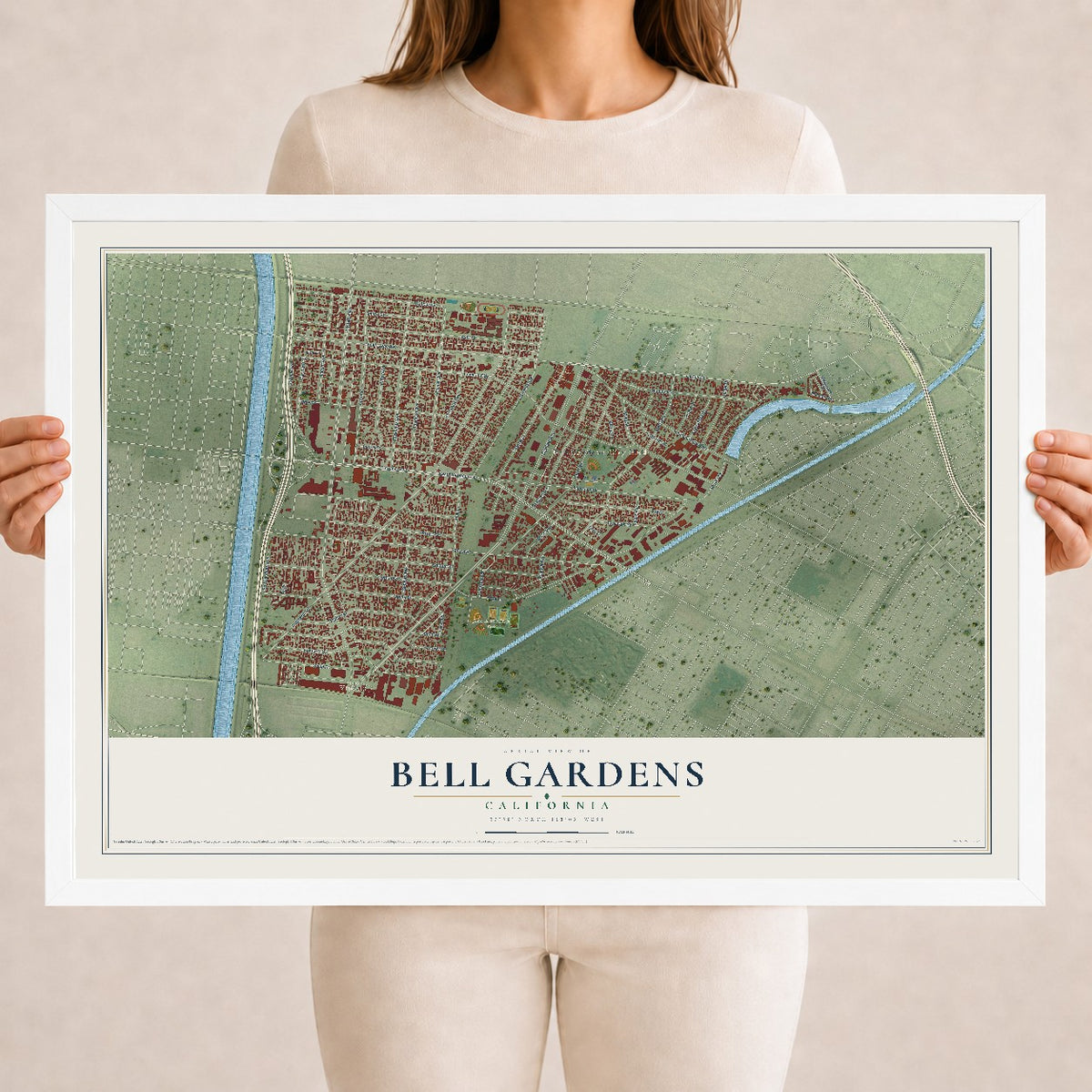 Map of Bell Gardens, California, 18 x 24 inch print in a white wood frame