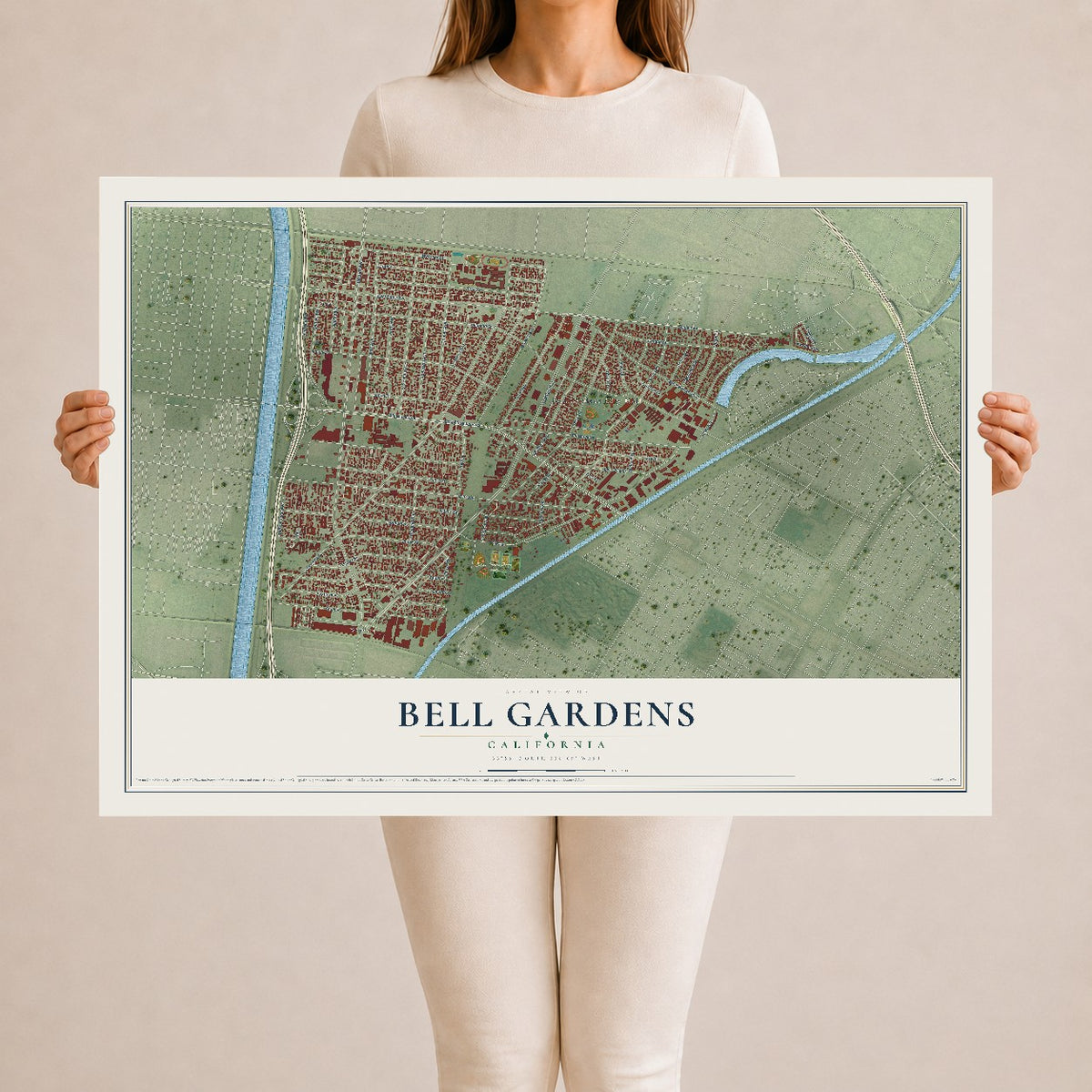 Map of Bell Gardens, California, 24 x 36 inch unframed archival matte print